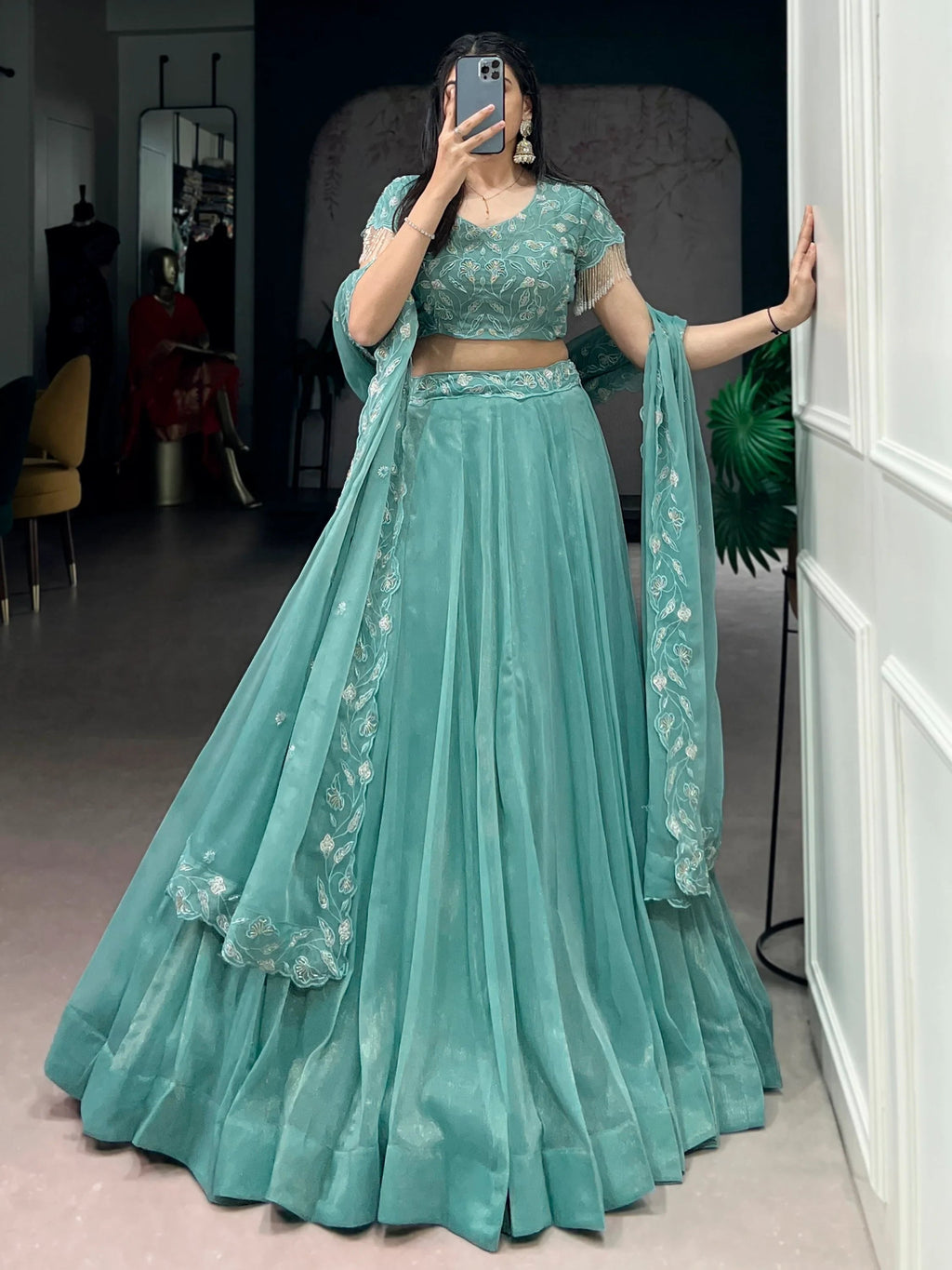 Stunning Sea Green Bead Work Organza Mehendi Wear Lehenga With Blouse