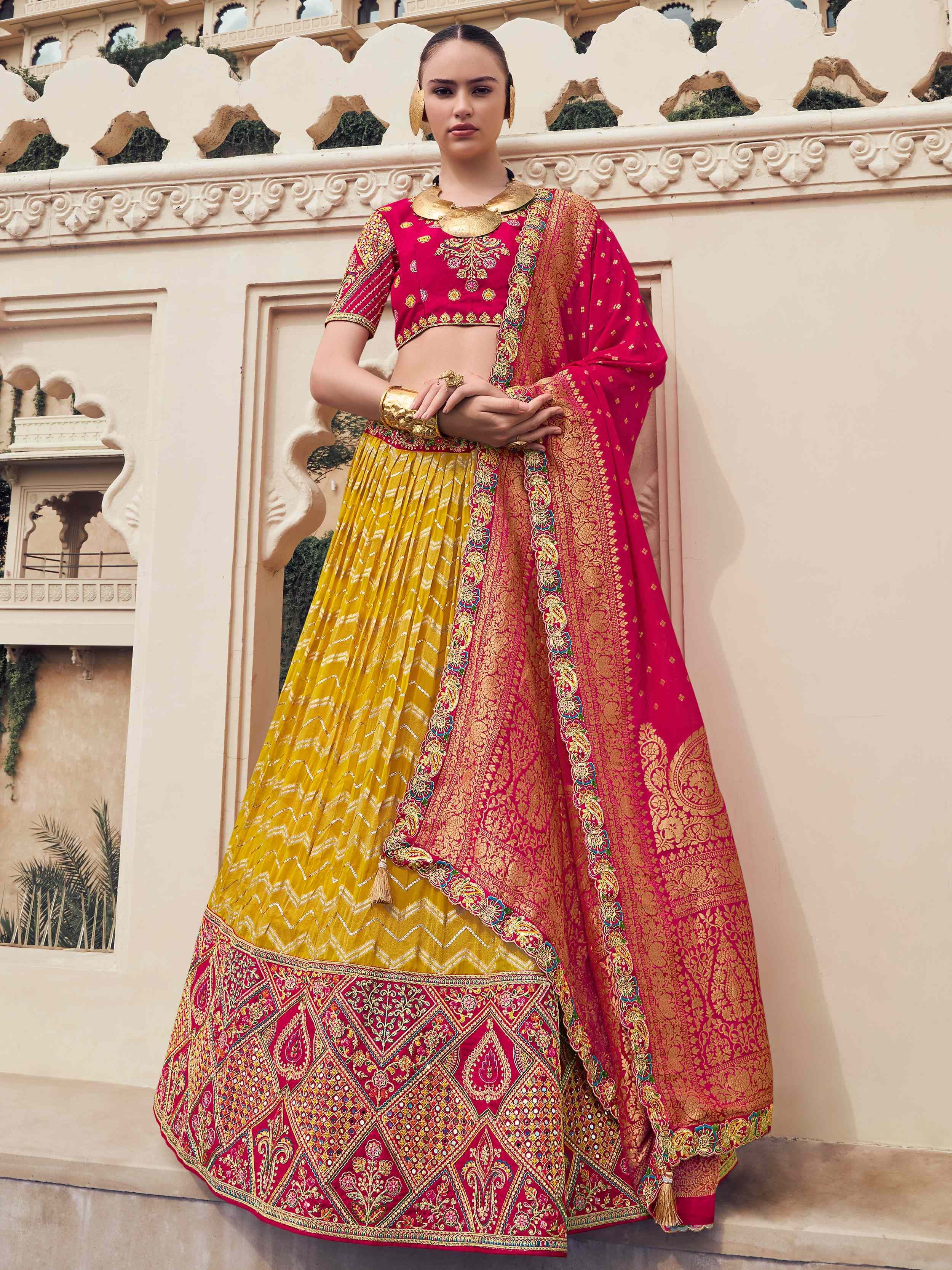 Stunning Yellow Embroidered Organza Wedding Wear Lehenga Choli