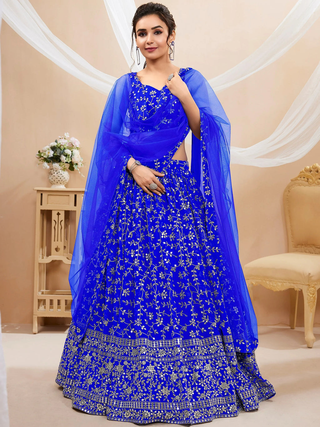 Beautiful Blue Sequins Georgette Wedding Wear Plus Size Lehenga Choli