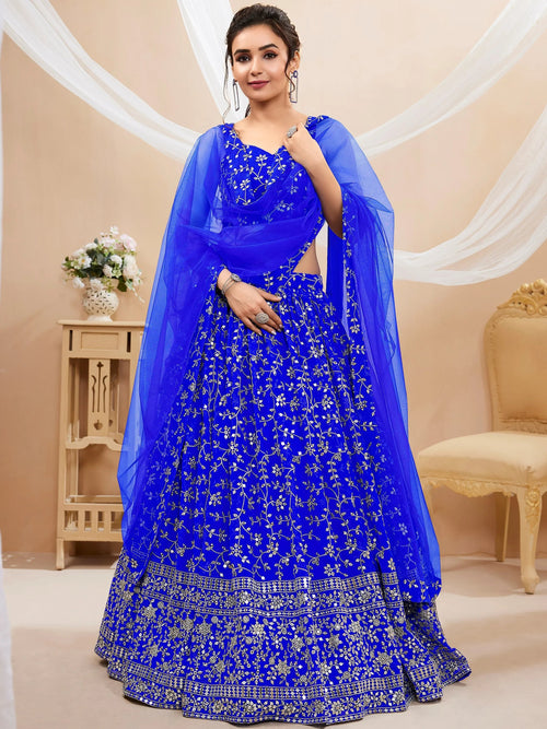 Beautiful Blue Sequins Georgette Wedding Wear Plus Size Lehenga Choli