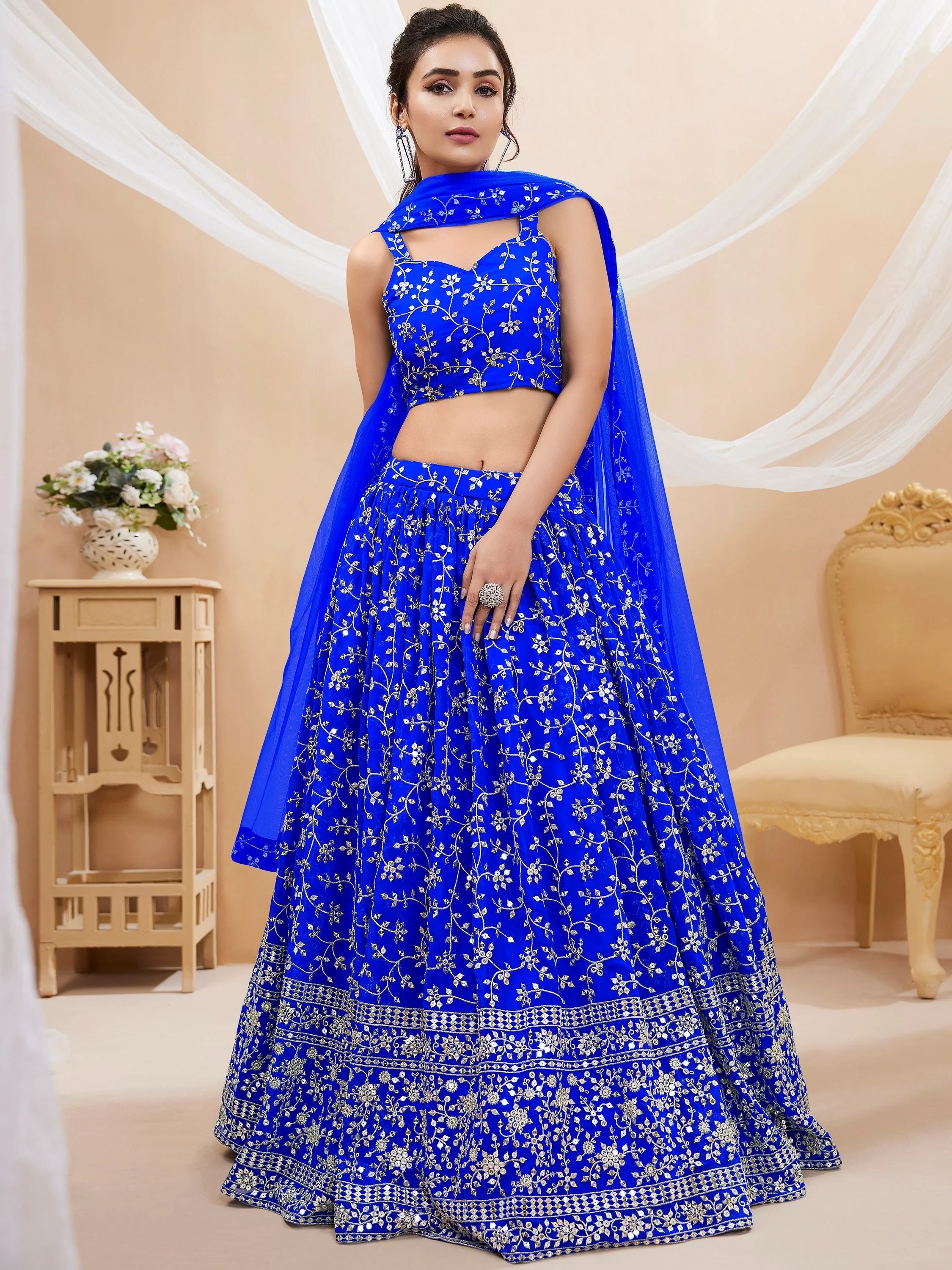 Beautiful Blue Sequins Georgette Wedding Wear Plus Size Lehenga Choli
