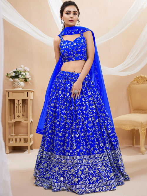 Beautiful Blue Sequins Georgette Wedding Wear Plus Size Lehenga Choli
