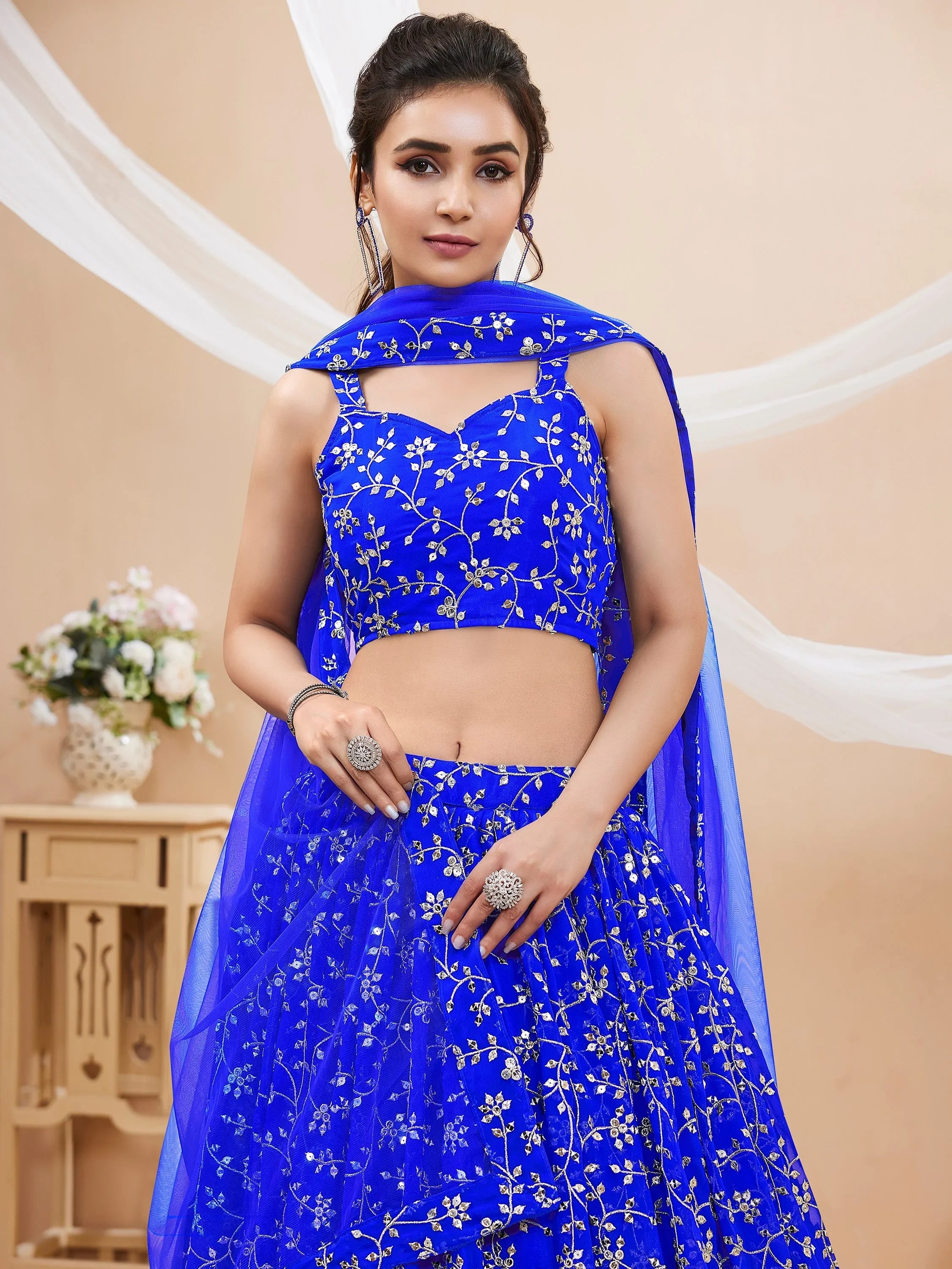 Beautiful Blue Sequins Georgette Wedding Wear Plus Size Lehenga Choli