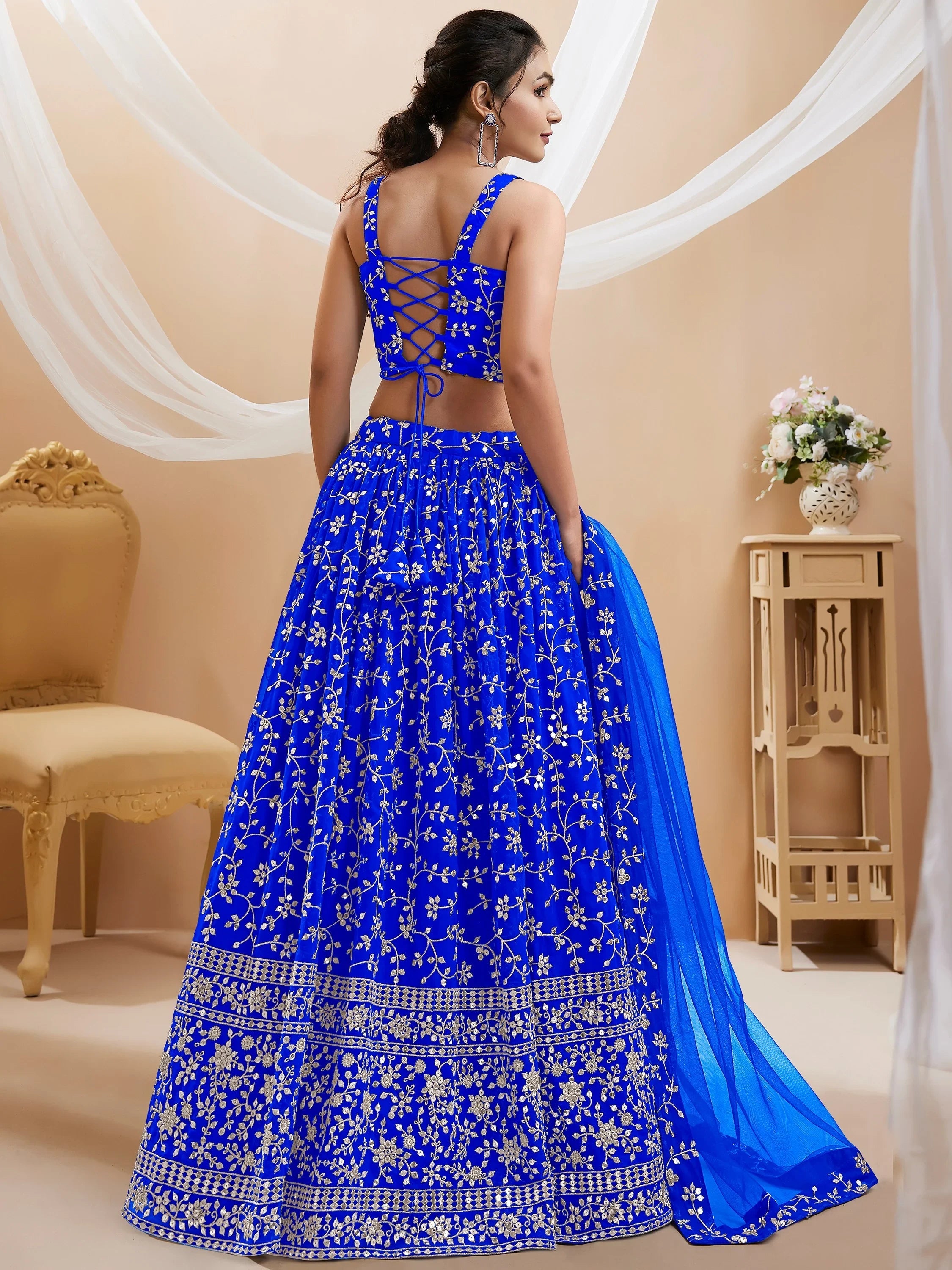 Beautiful Blue Sequins Georgette Wedding Wear Plus Size Lehenga Choli