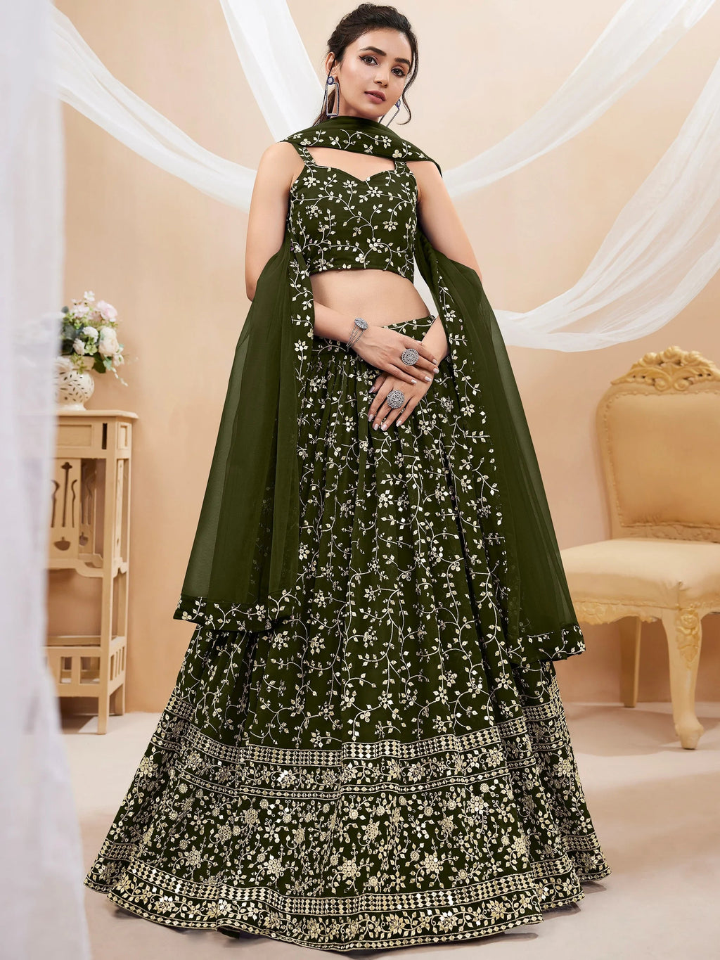 Charming Green Sequins Georgette Festival Wear Plus Size Lehenga Choli