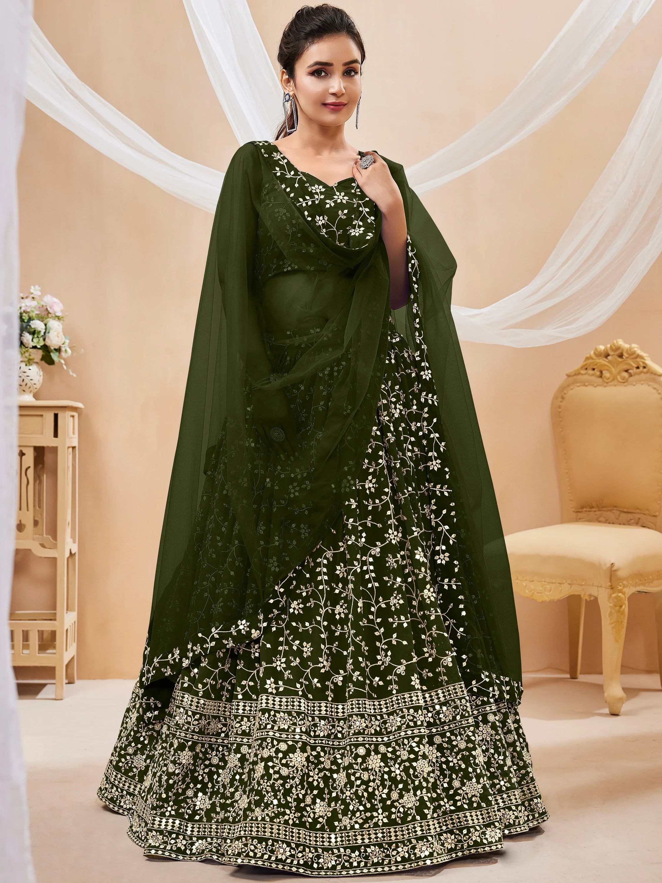 Charming Green Sequins Georgette Festival Wear Plus Size Lehenga Choli
