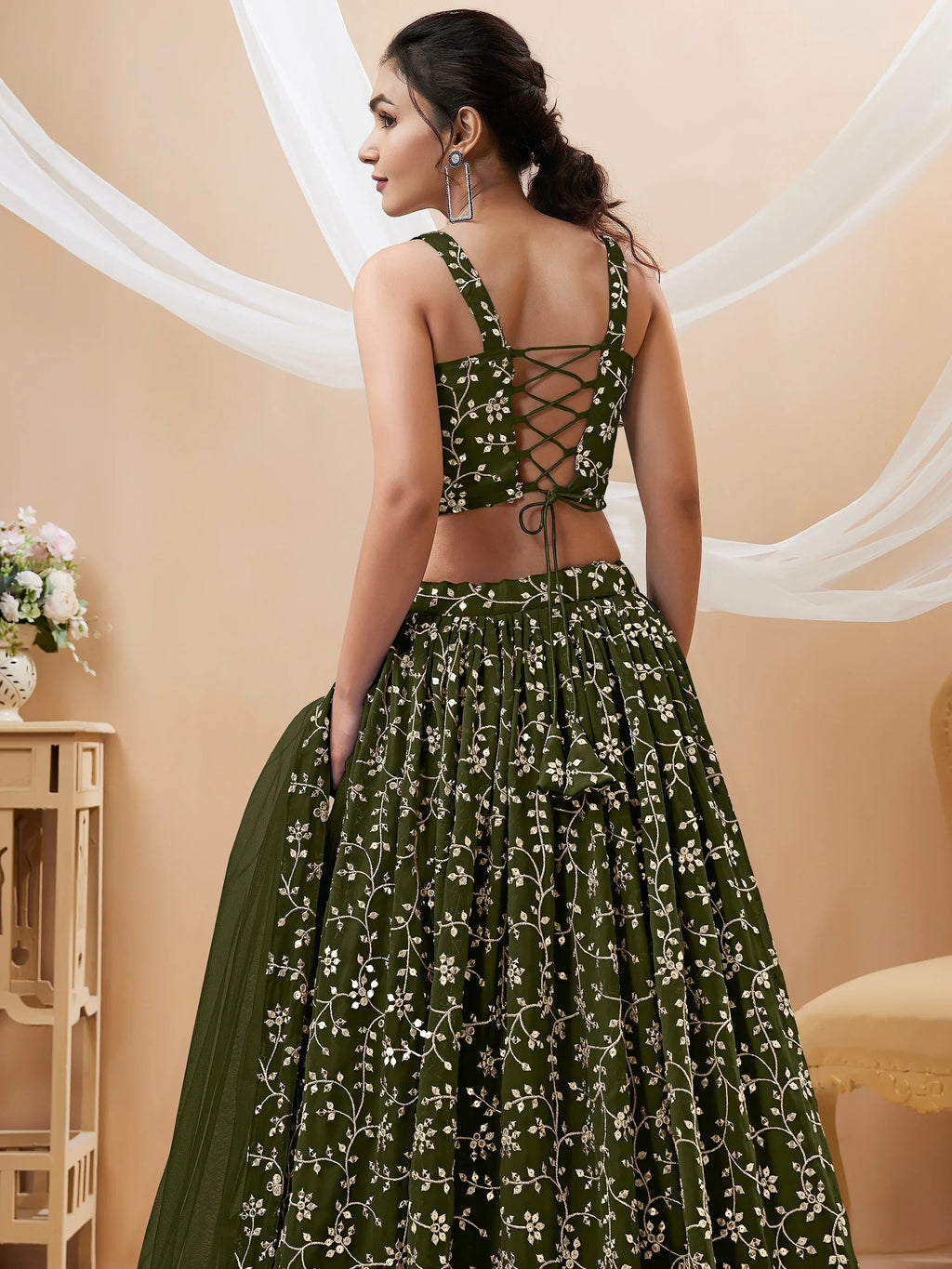 Charming Green Sequins Georgette Festival Wear Plus Size Lehenga Choli