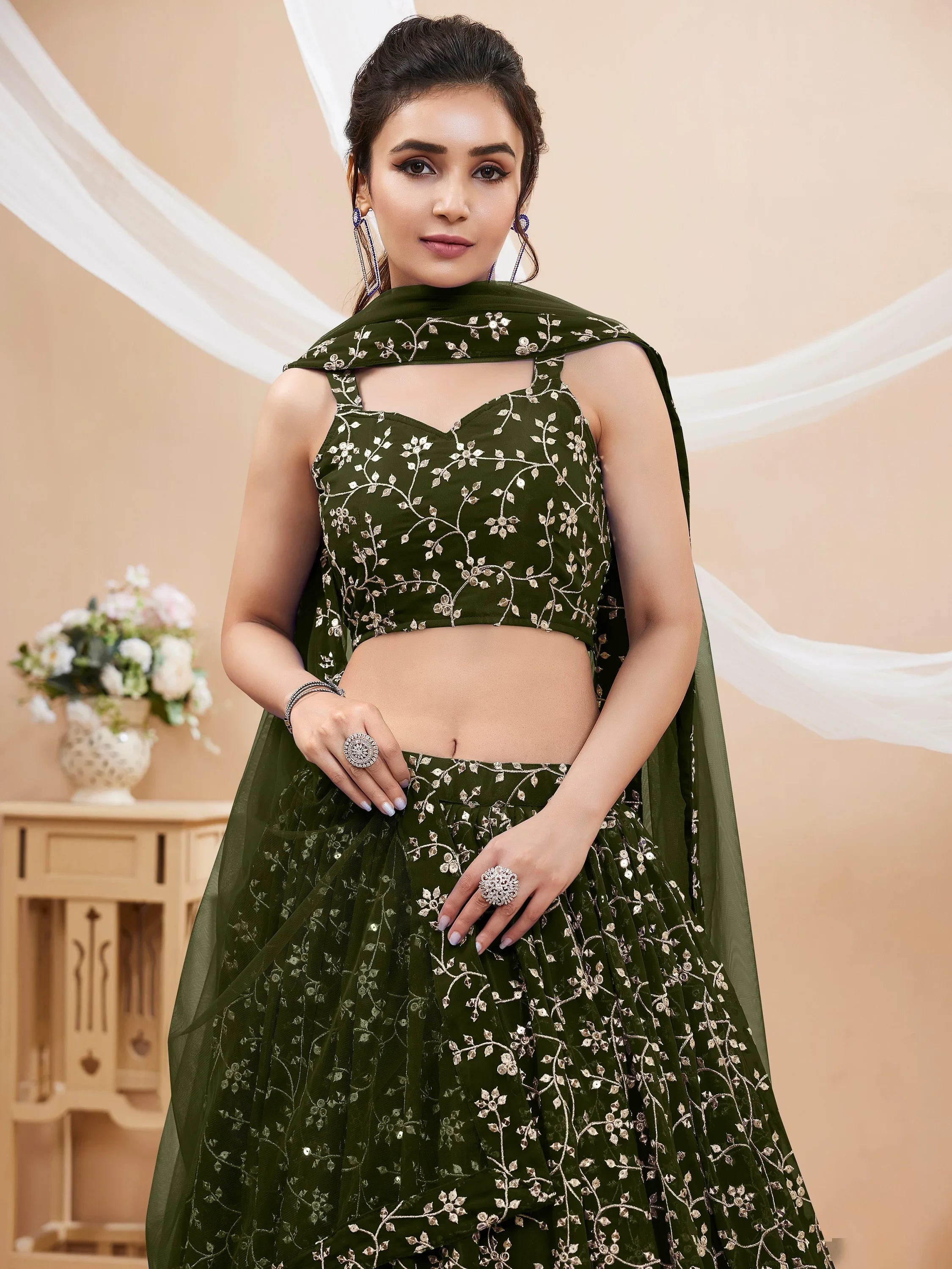 Charming Green Sequins Georgette Festival Wear Plus Size Lehenga Choli