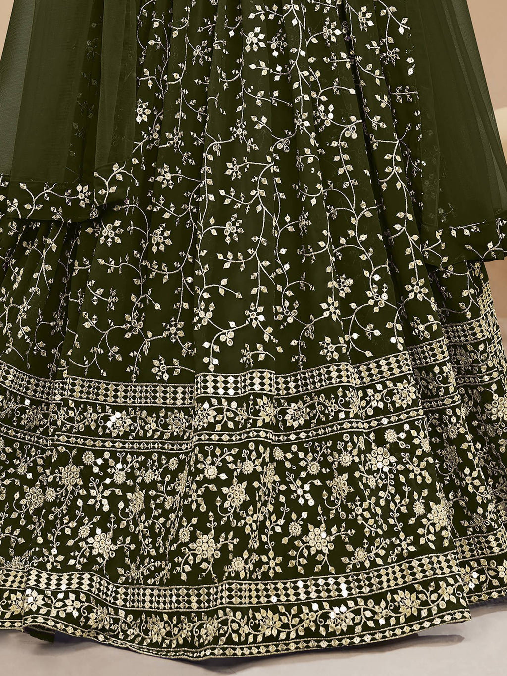 Bewitching Green Embroidered Georgette Mehendi Wear Lehenga Choli