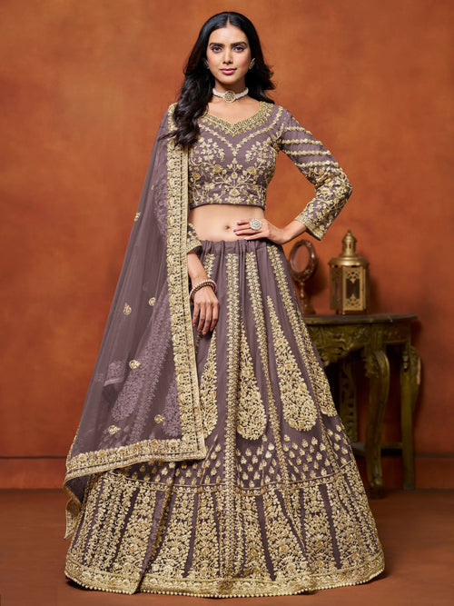 Beautiful Lavender Zari Work Net Reception Wear Lehenga Choli
