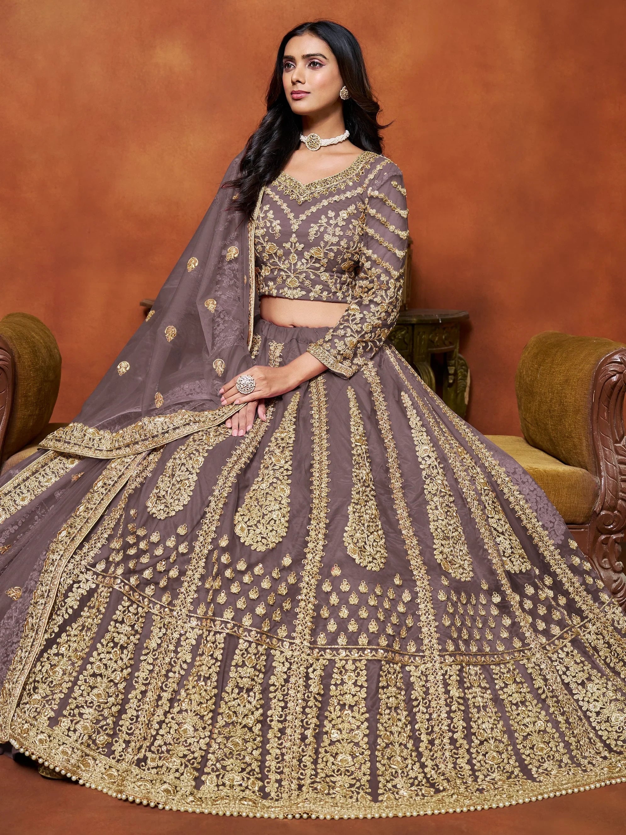 Beautiful Lavender Zari Work Net Reception Wear Lehenga Choli