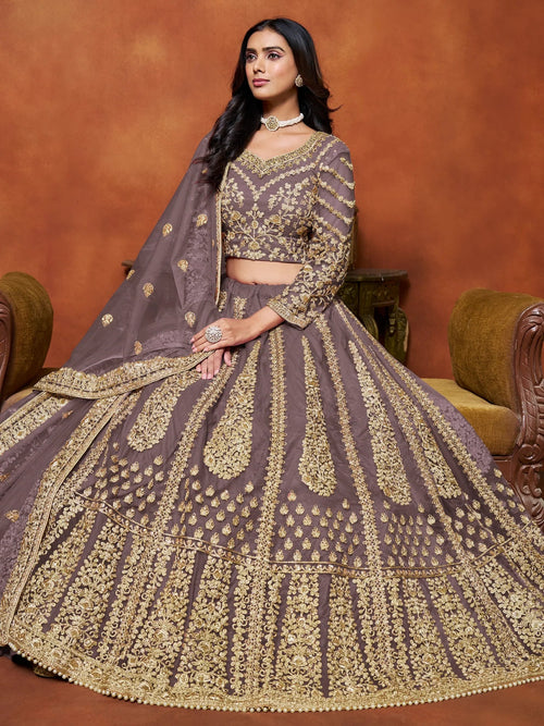 Beautiful Lavender Zari Work Net Reception Wear Lehenga Choli