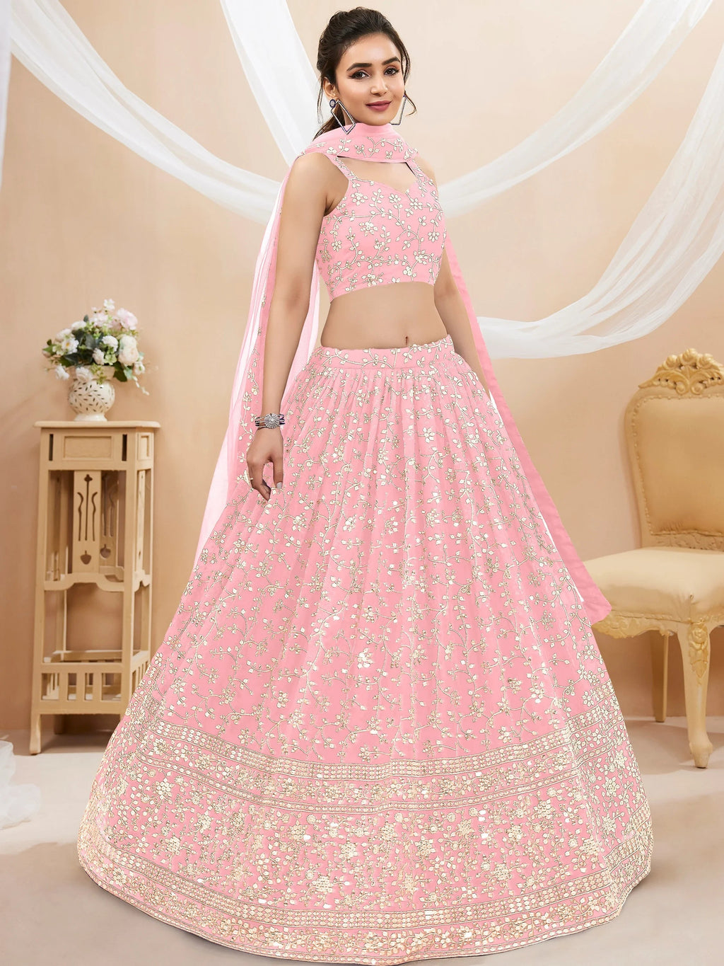 Dazzling Pink Sequins Georgette Bridesmaid Plus Size Lehenga Choli