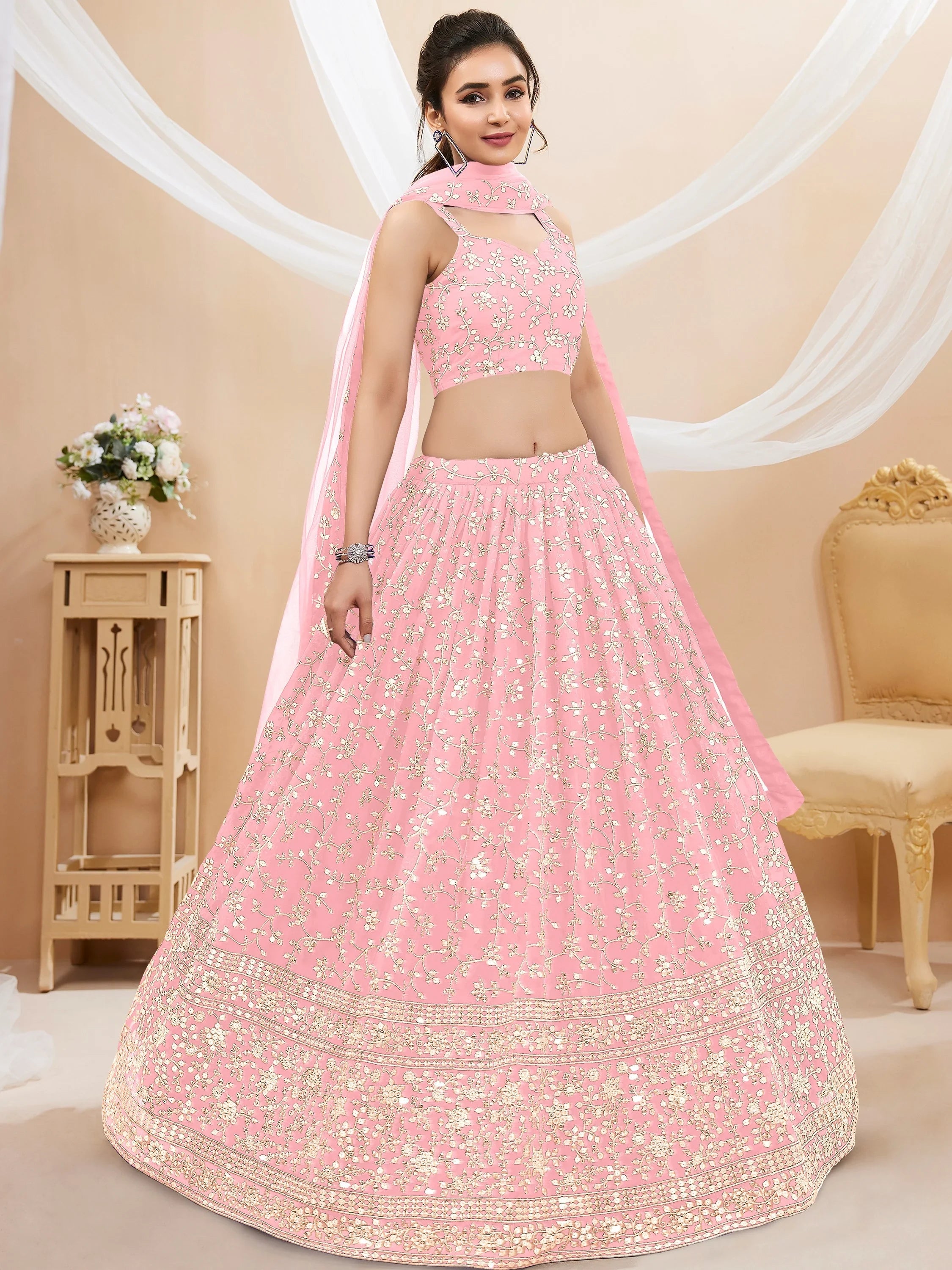 Dazzling Pink Sequins Georgette Bridesmaid Plus Size Lehenga Choli