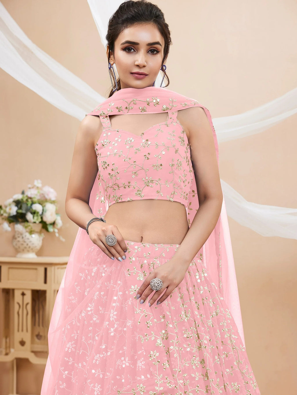 Dazzling Pink Sequins Georgette Bridesmaid Plus Size Lehenga Choli