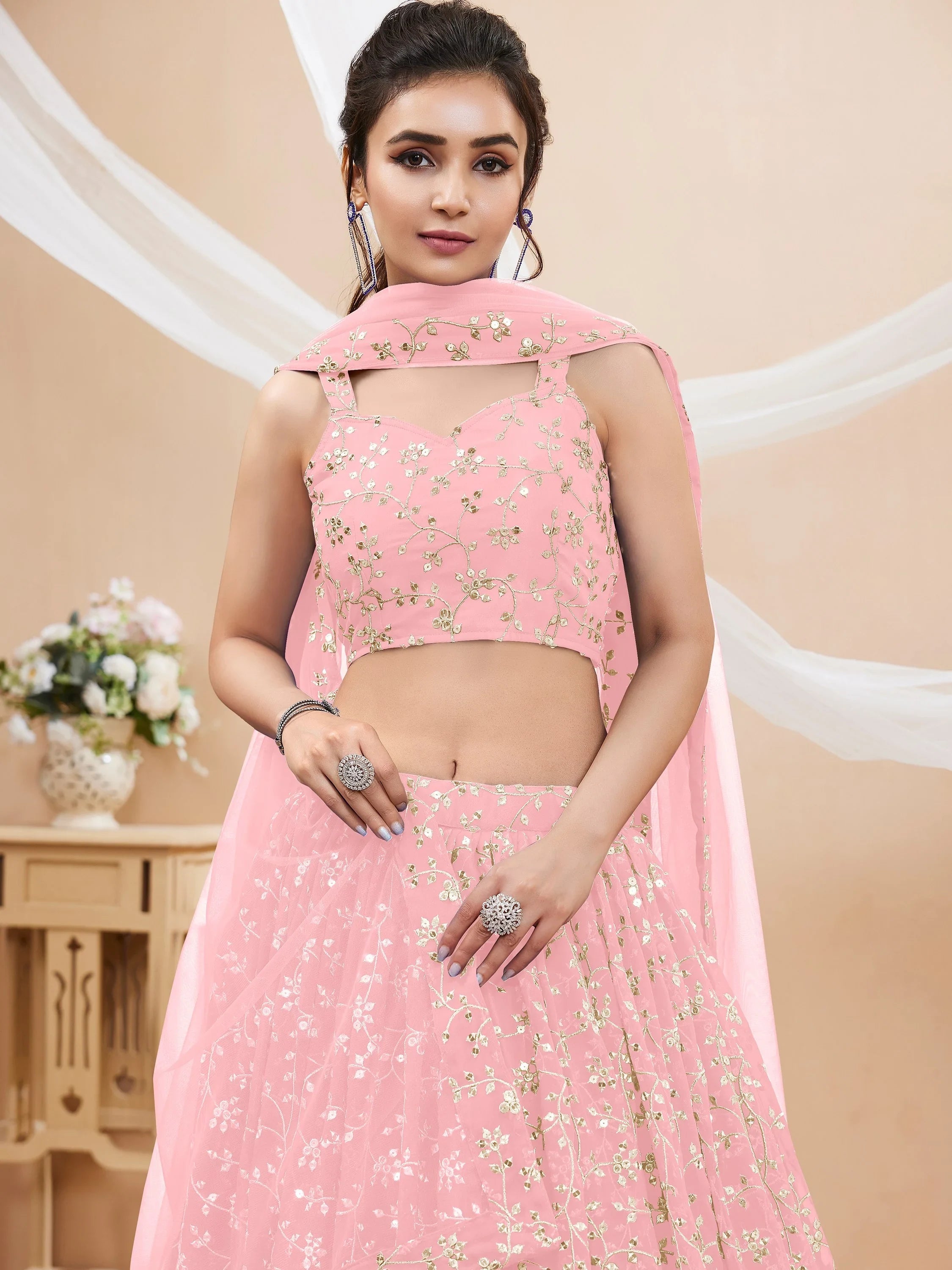 Dazzling Pink Sequins Georgette Bridesmaid Plus Size Lehenga Choli