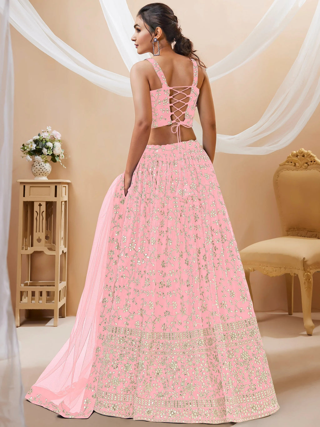 Dazzling Pink Sequins Georgette Bridesmaid Plus Size Lehenga Choli