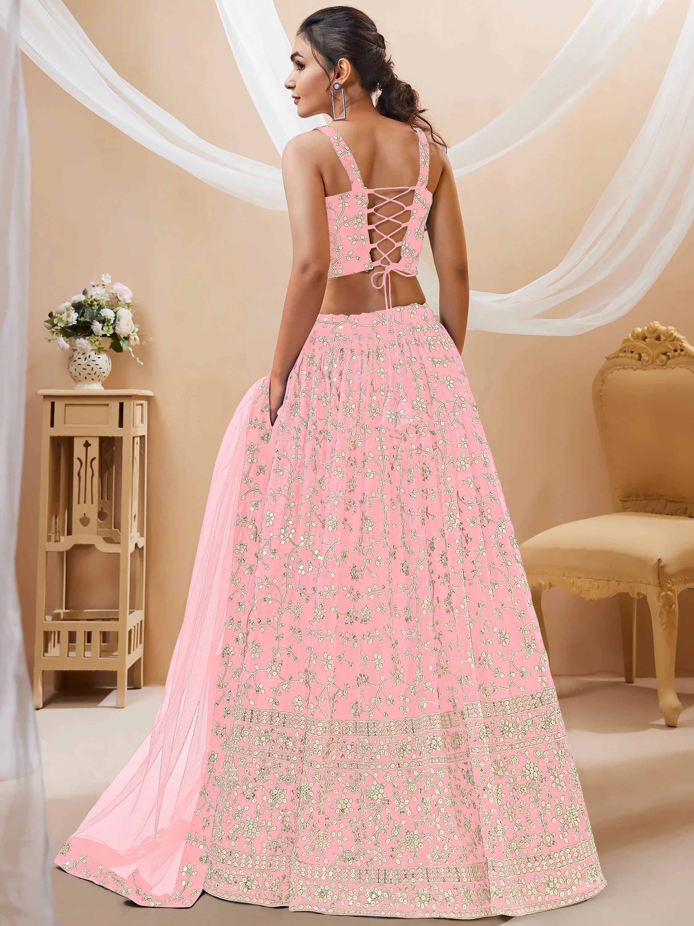 Dazzling Pink Sequins Georgette Bridesmaid Plus Size Lehenga Choli