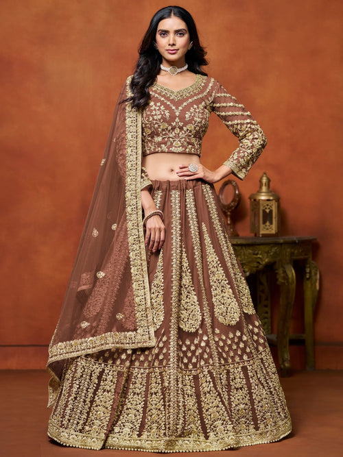 Awesome Brown Zari Embroidered Net Bridesmaid Lehenga Choli