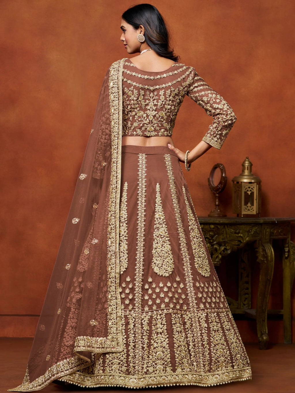 Awesome Brown Zari Embroidered Net Bridesmaid Lehenga Choli