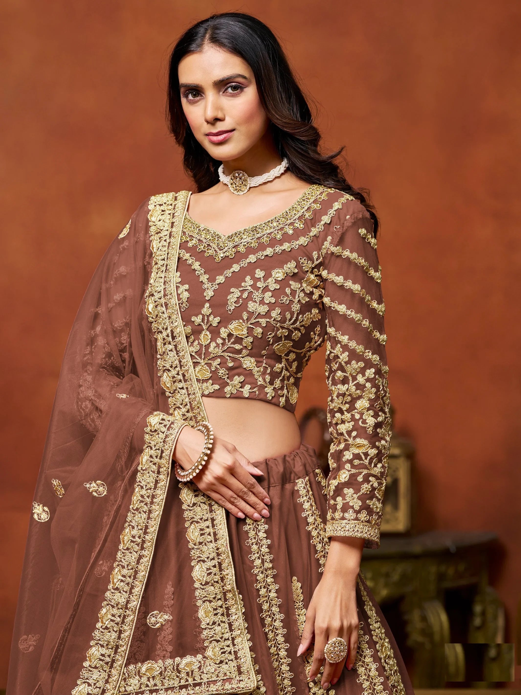 Awesome Brown Zari Embroidered Net Bridesmaid Lehenga Choli