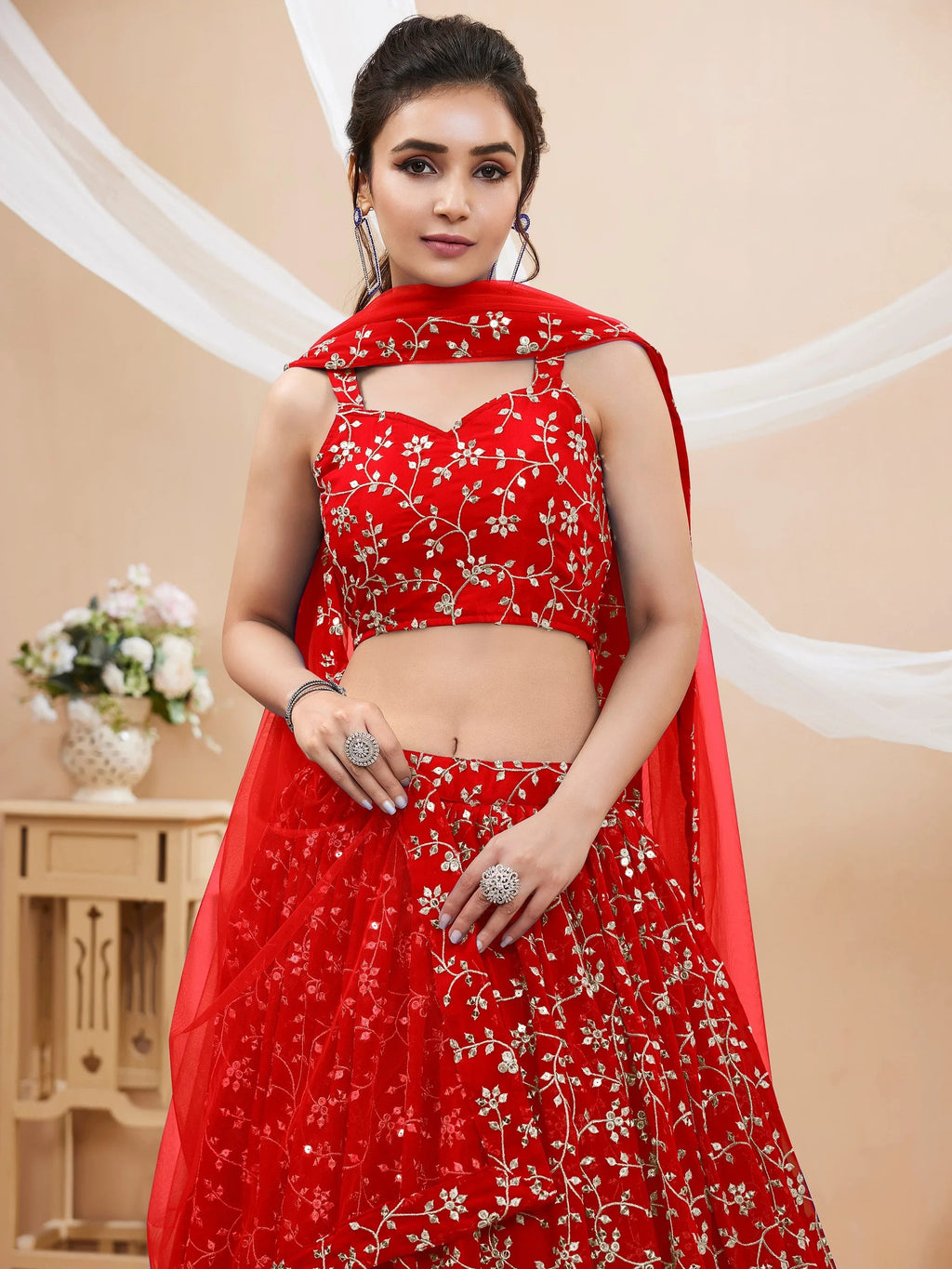 Stunning Red Sequins Georgette Sangeet Wear Plus Size Lehenga Choli