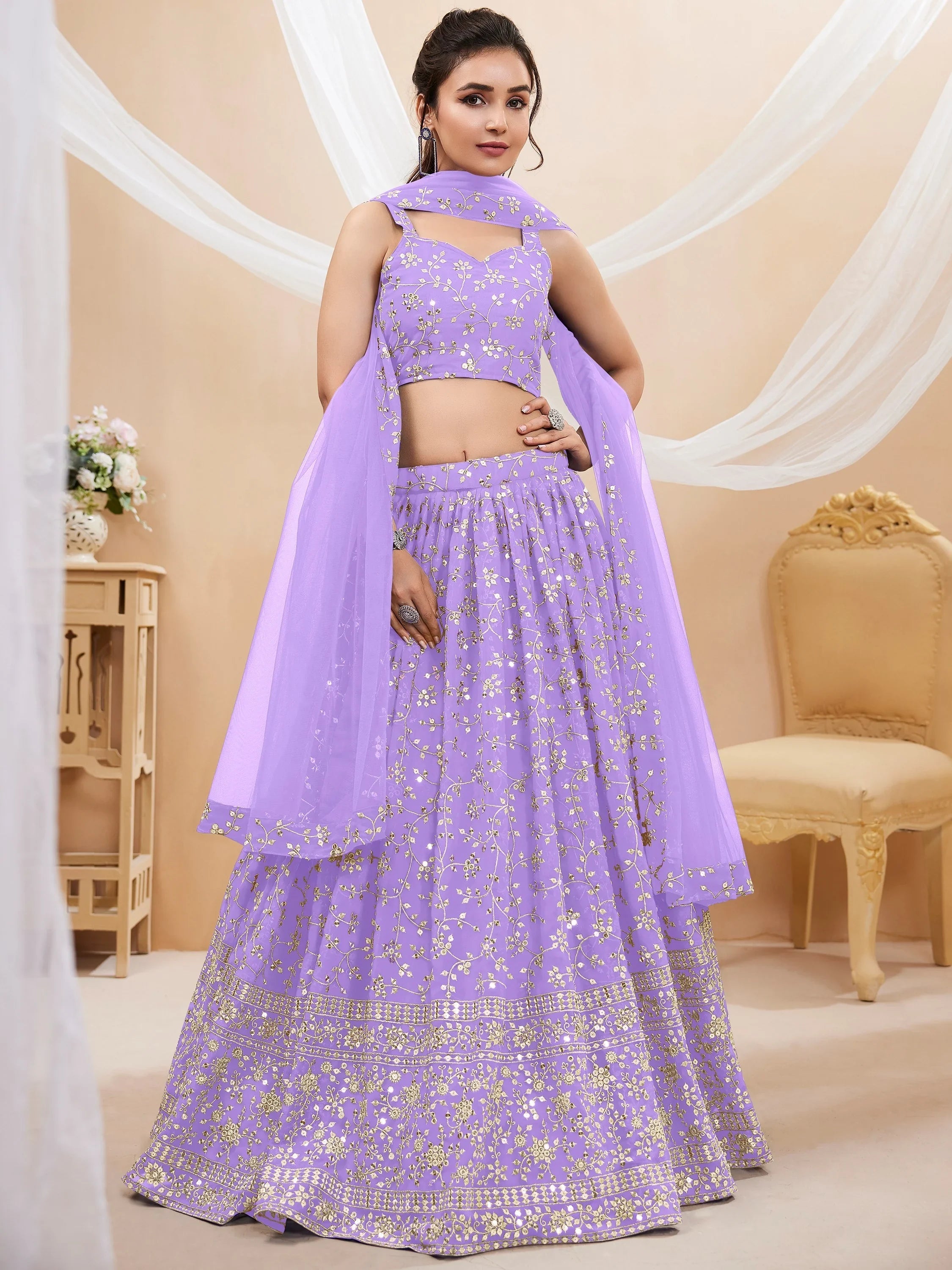Awesome Purple Sequins Georgette Festival Wear Plus Size Lehenga Choli