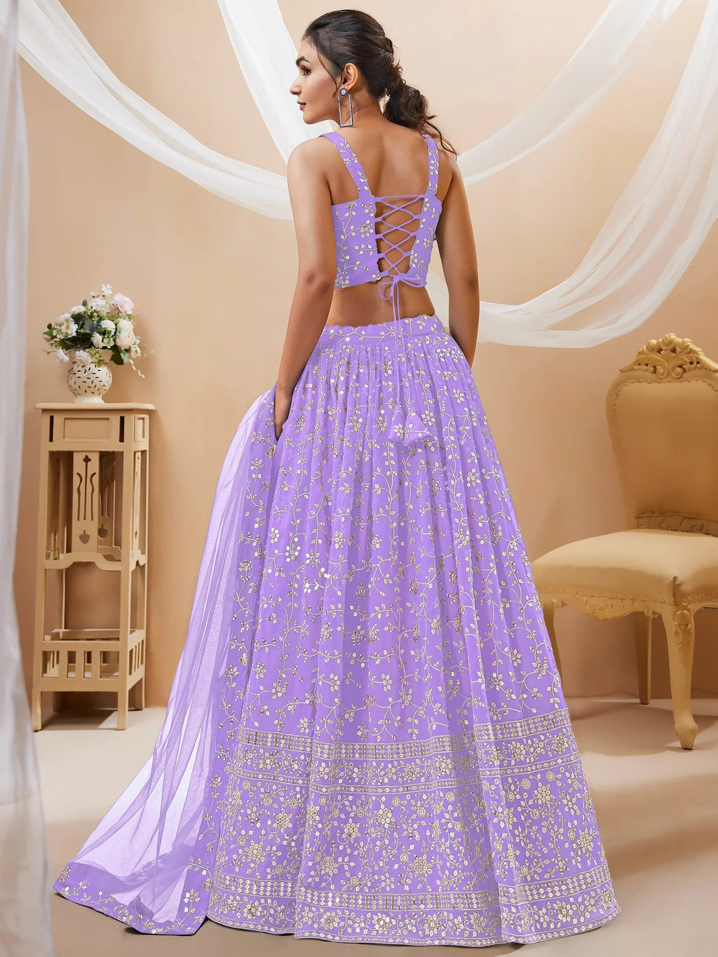 Awesome Purple Sequins Georgette Festival Wear Plus Size Lehenga Choli