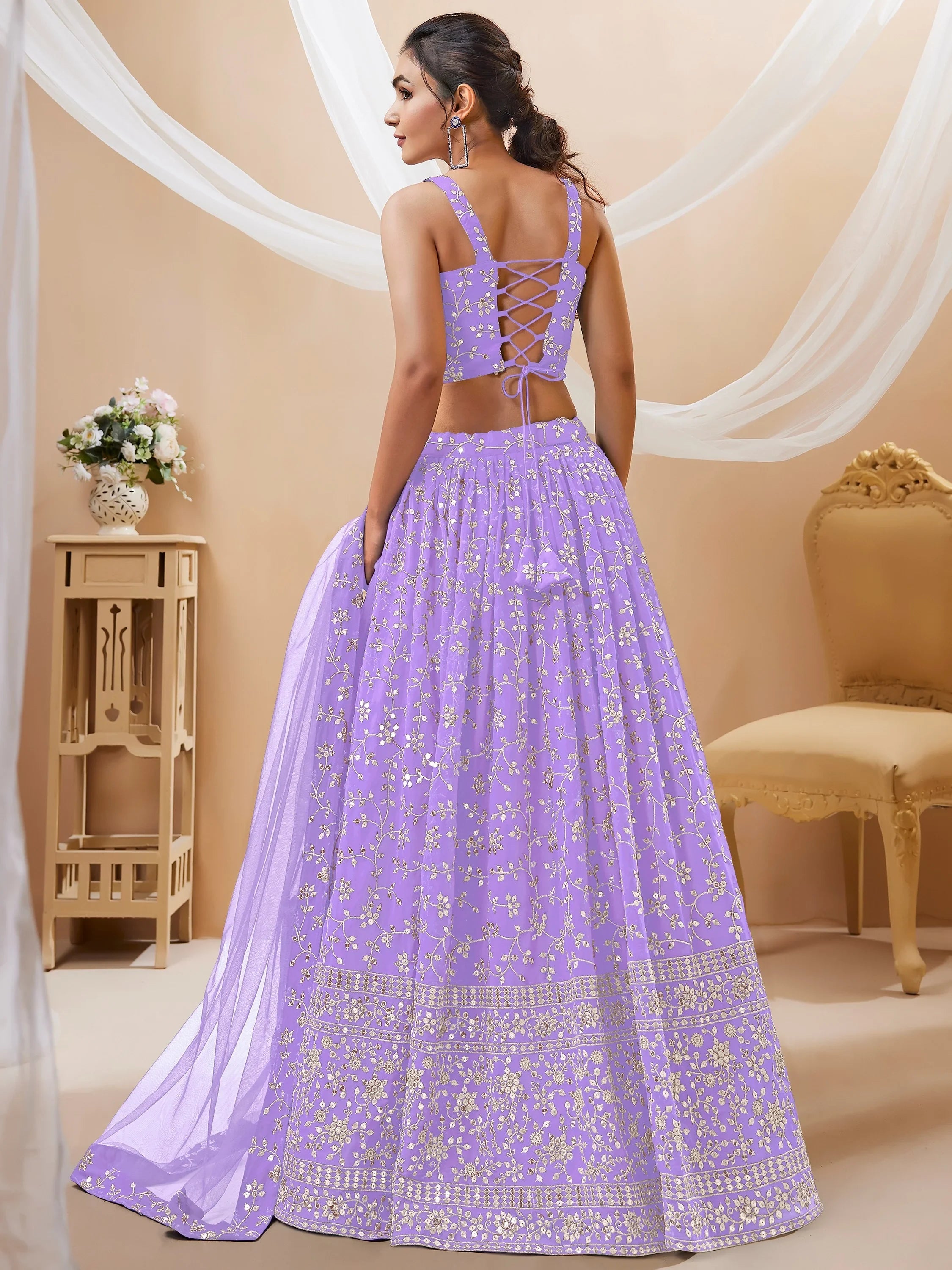 Awesome Purple Sequins Georgette Festival Wear Plus Size Lehenga Choli
