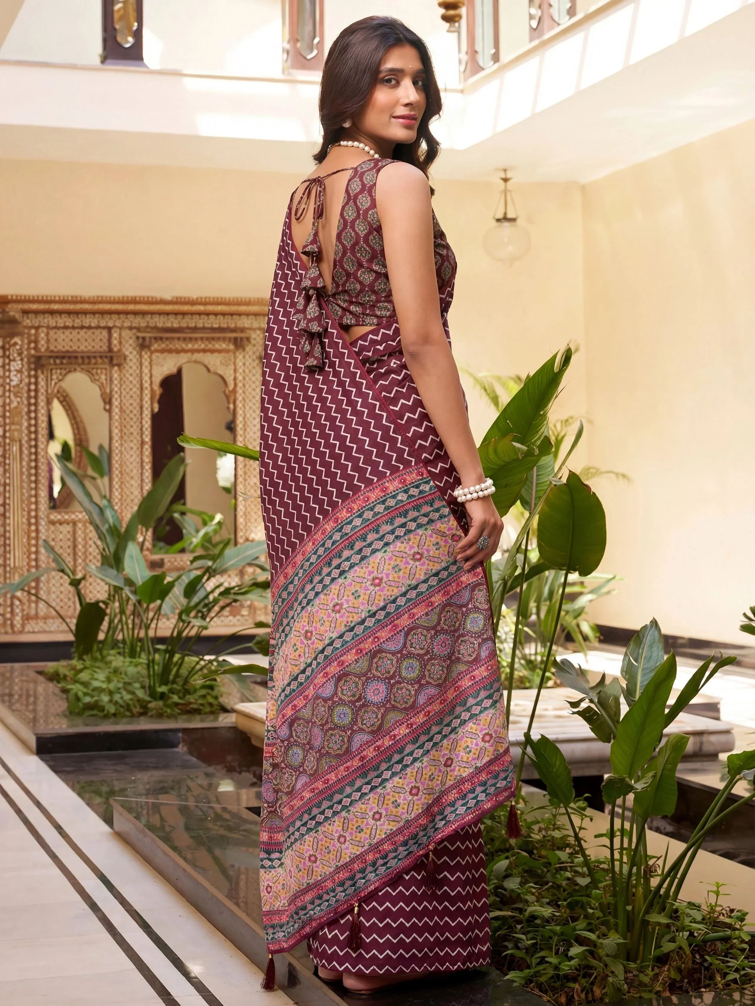 Attractive Maroon Digital Printed Crepe Office Wear Saree With Blouse