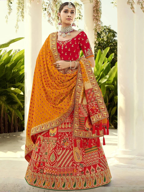 Amazing Red Silk Zari Weaving Bridal Lehenga Choli With Dupatta