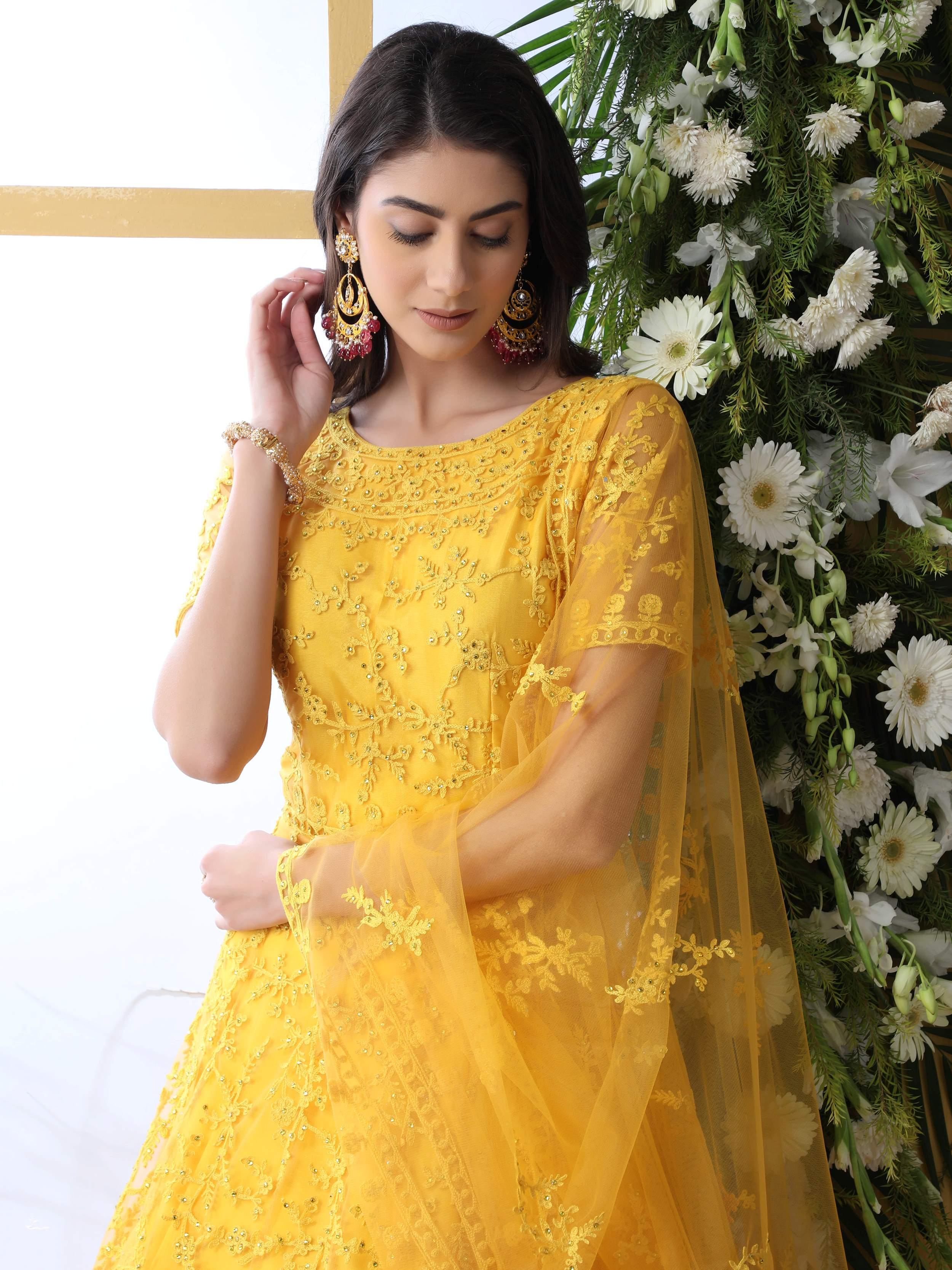 Gleaming Yellow Net Thread Embroidered Function Wear Gown With Dupatta