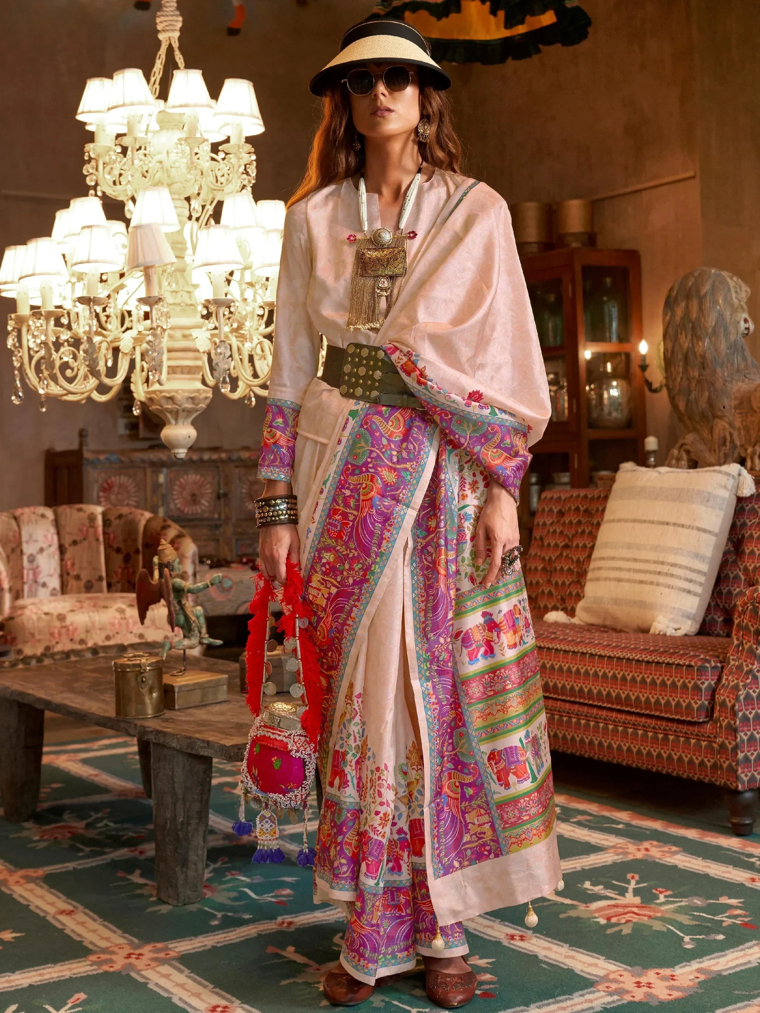 Awesome Beige Digital Printed Silk Traditional Wear Saree With Blouse
