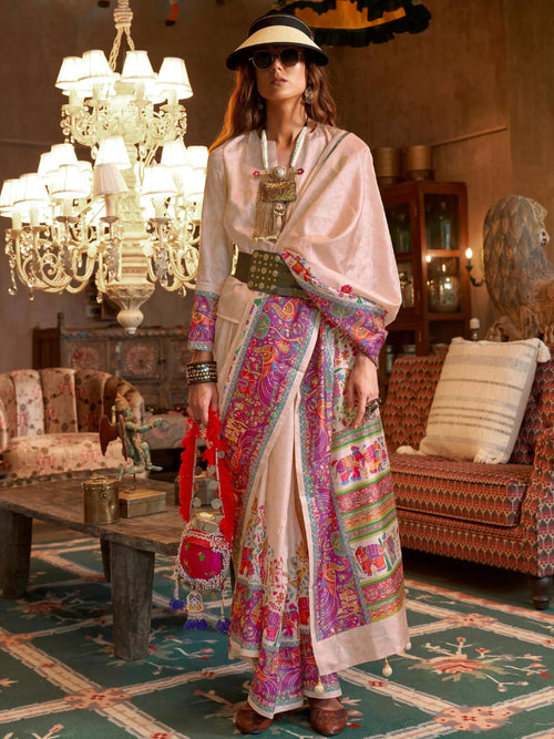 Awesome Beige Digital Printed Silk Traditional Wear Saree With Blouse