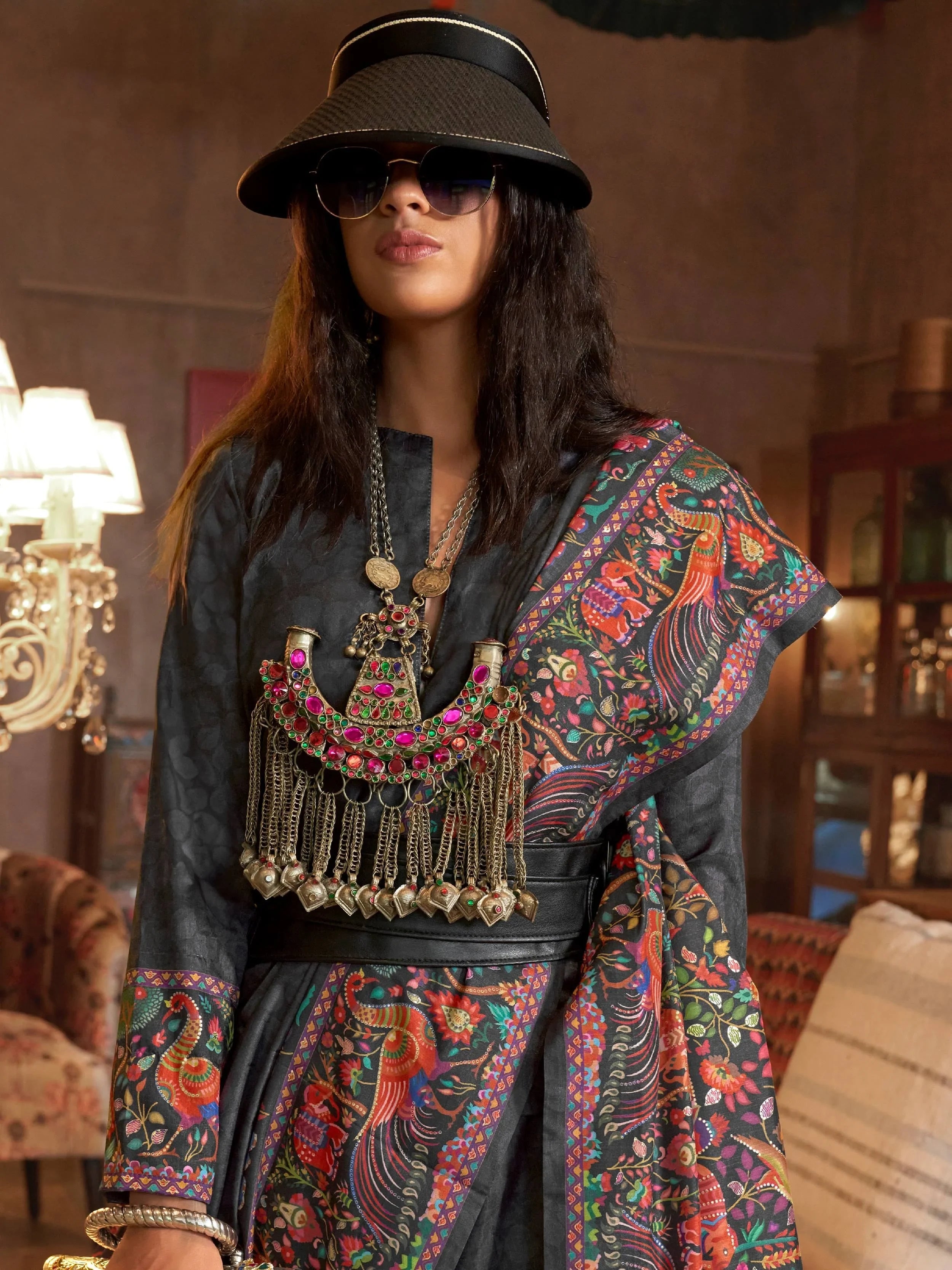 Glamorous Black Digital Printed Silk Festive Wear Saree With Blouse