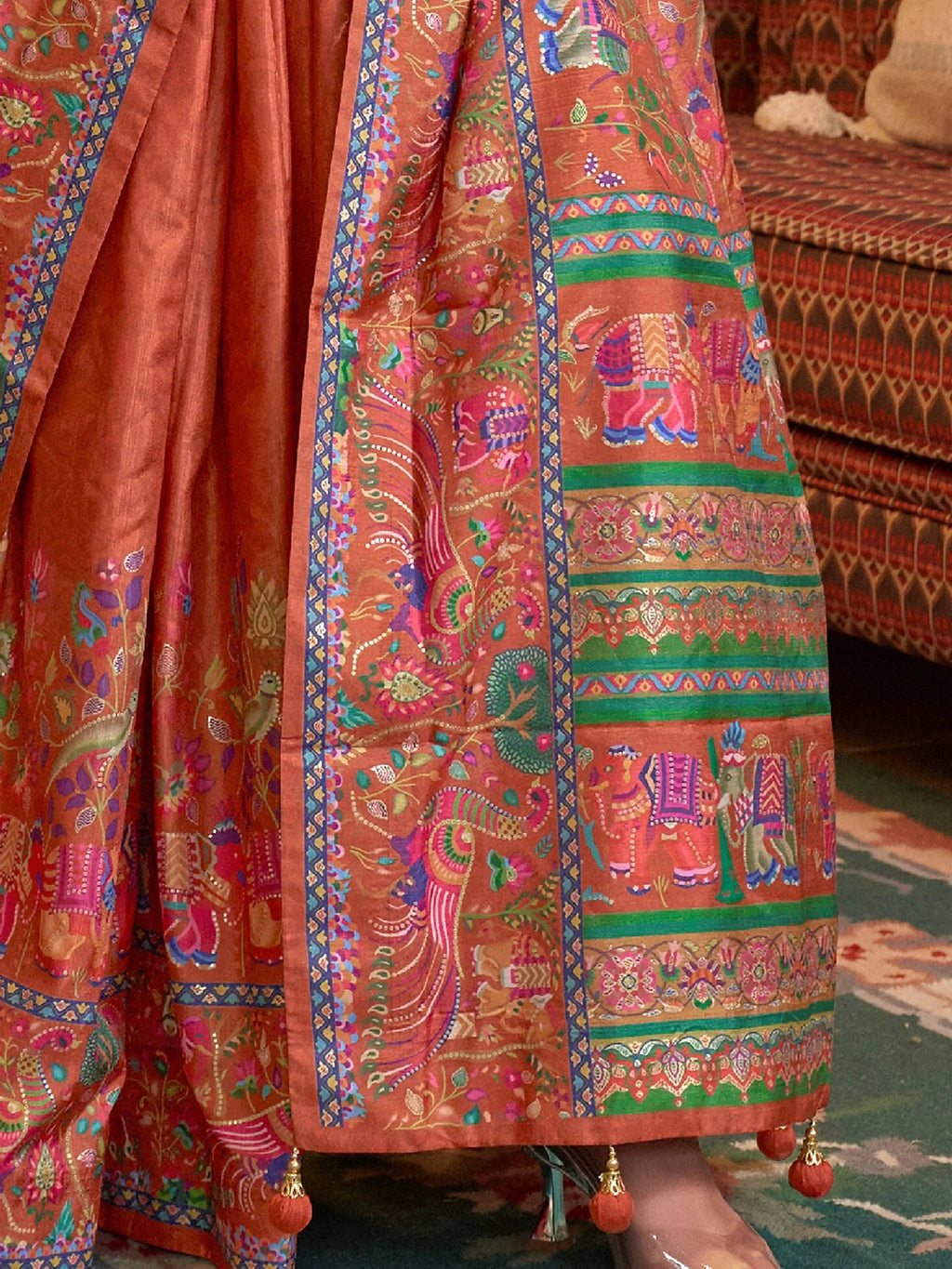 Elegant Orange Digital Printed Silk Festive Wear Saree With Blouse