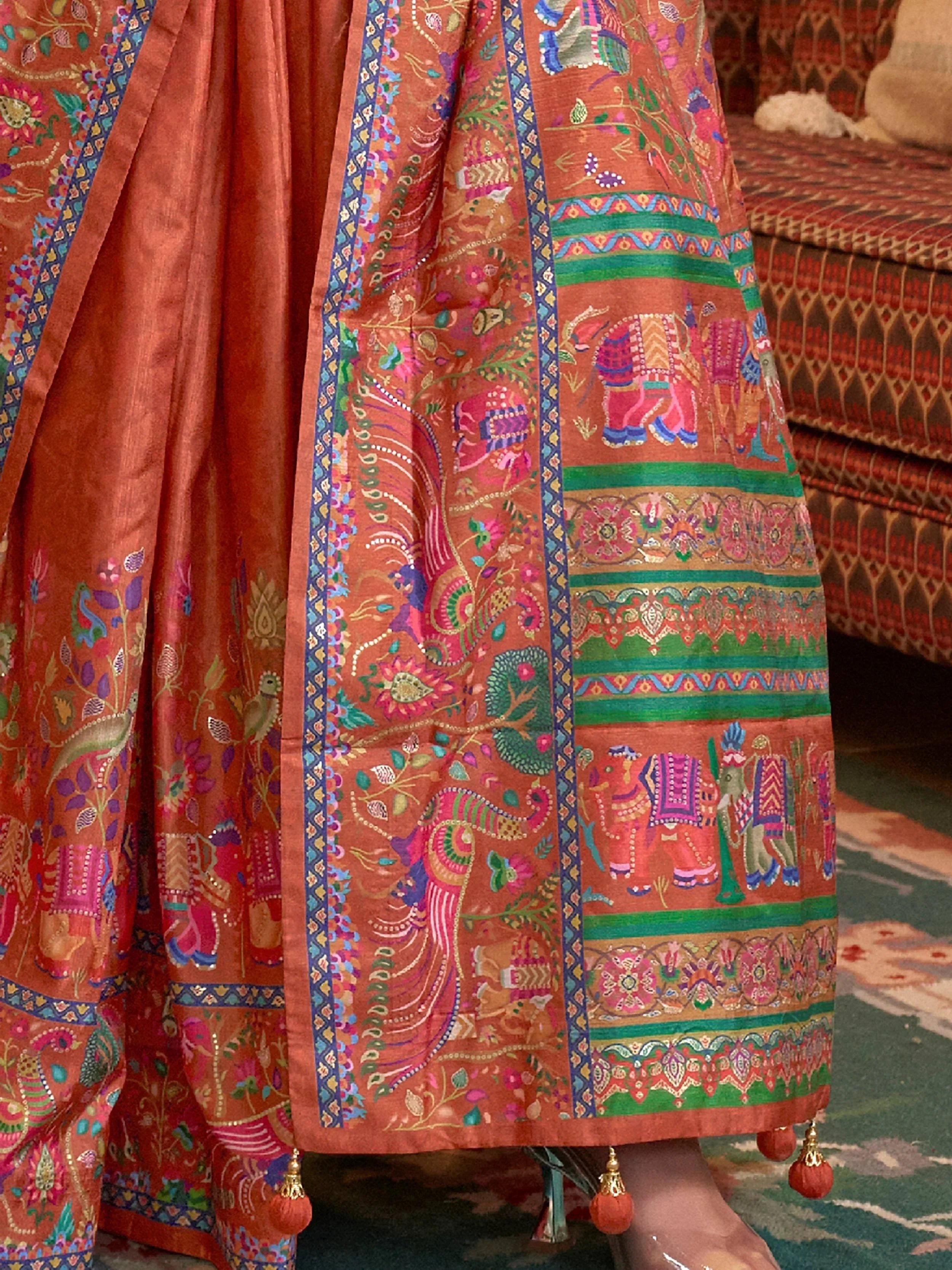 Elegant Orange Digital Printed Silk Festive Wear Saree With Blouse