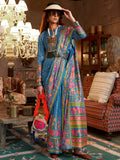 Sparkling Blue Digital Printed Silk Wedding Wear Saree With Blouse