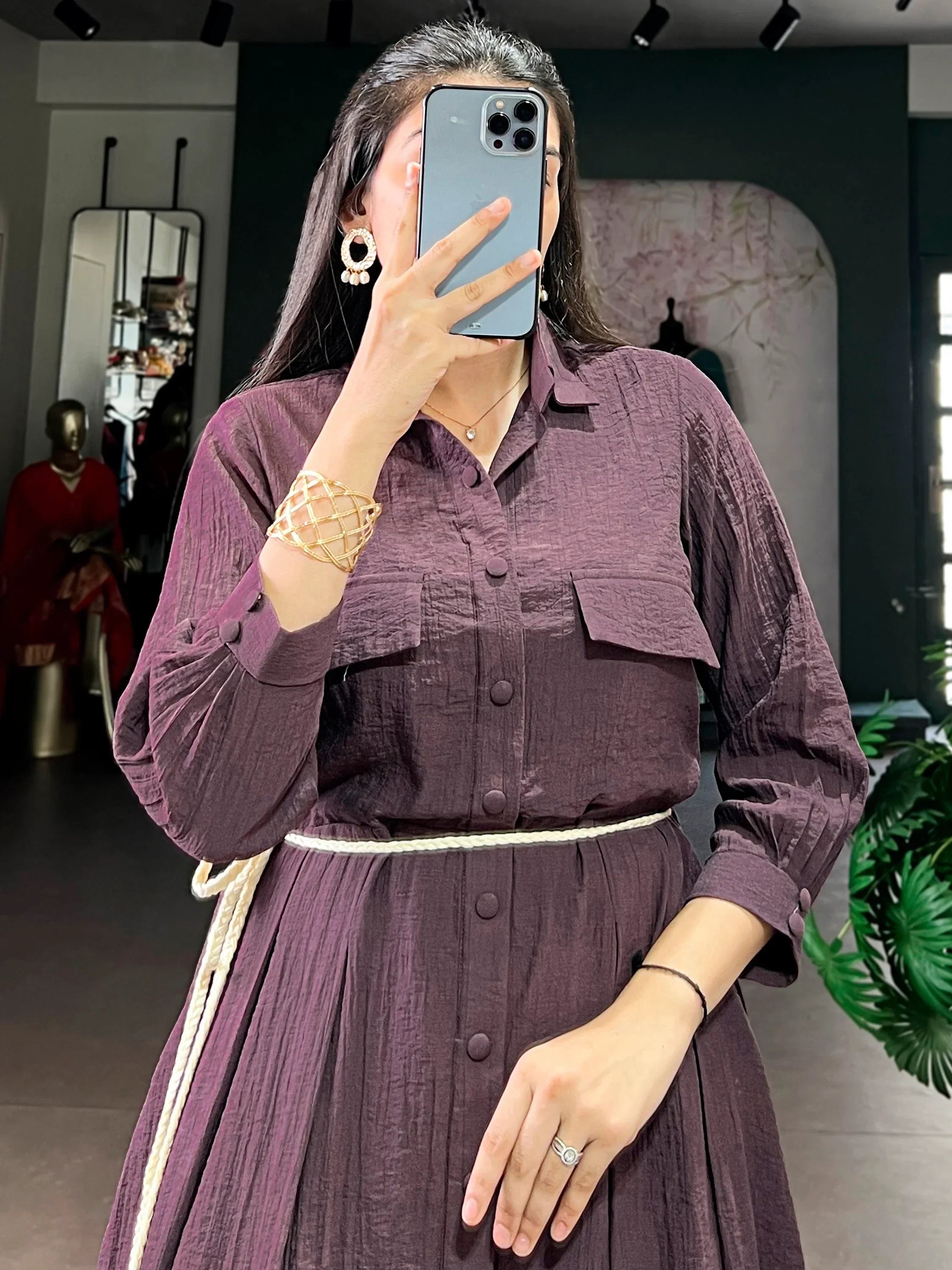 Amazing Deep Purple Plain Georgette Casual Wear Dress