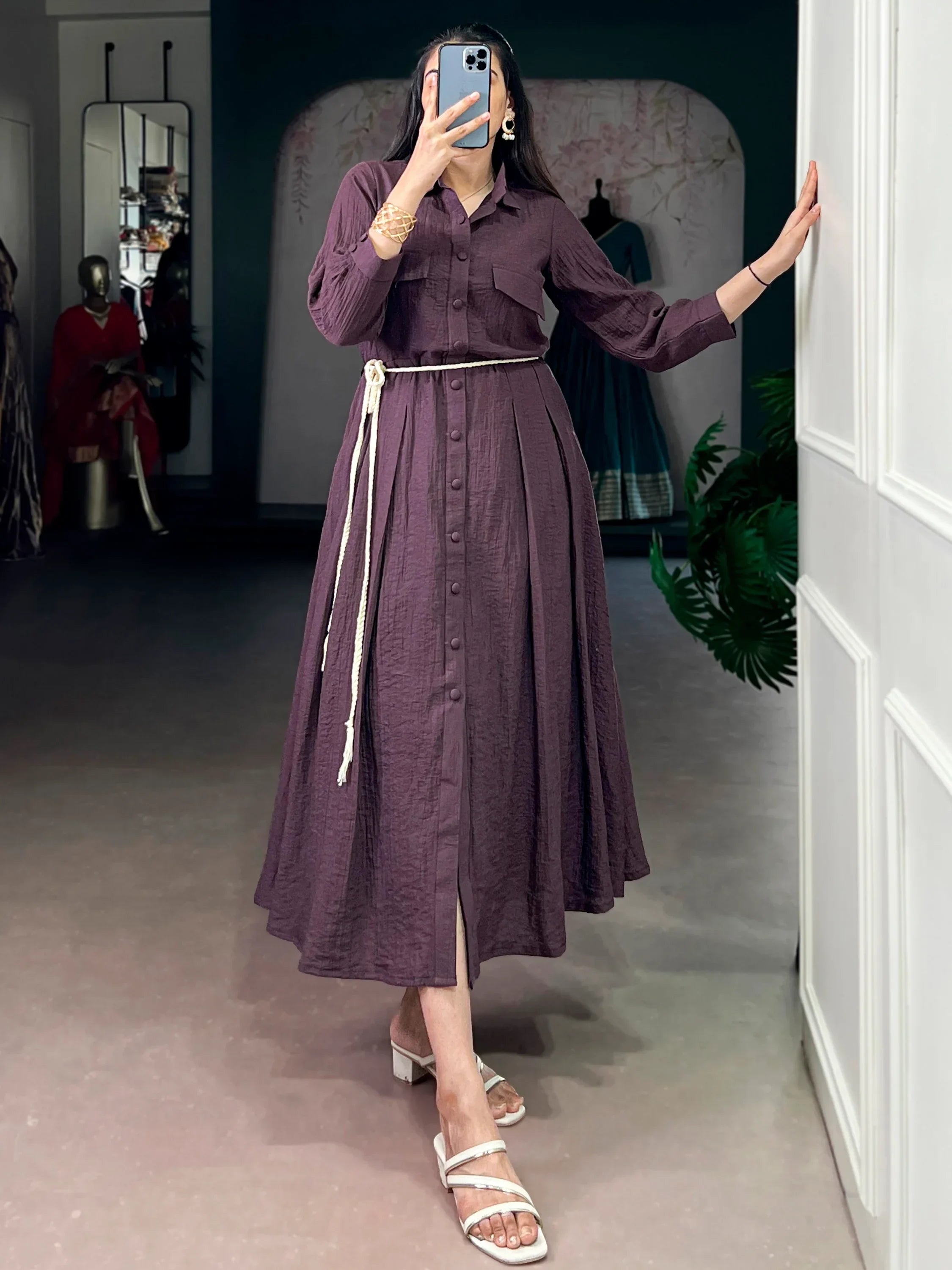 Amazing Deep Purple Plain Georgette Casual Wear Dress
