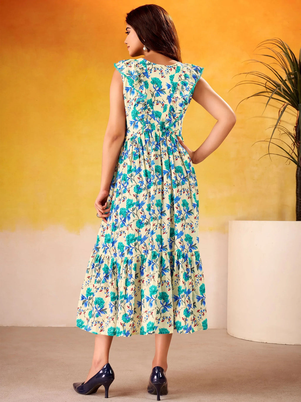 Blue Adorable Flower Printed Silk Casual Wear Dress