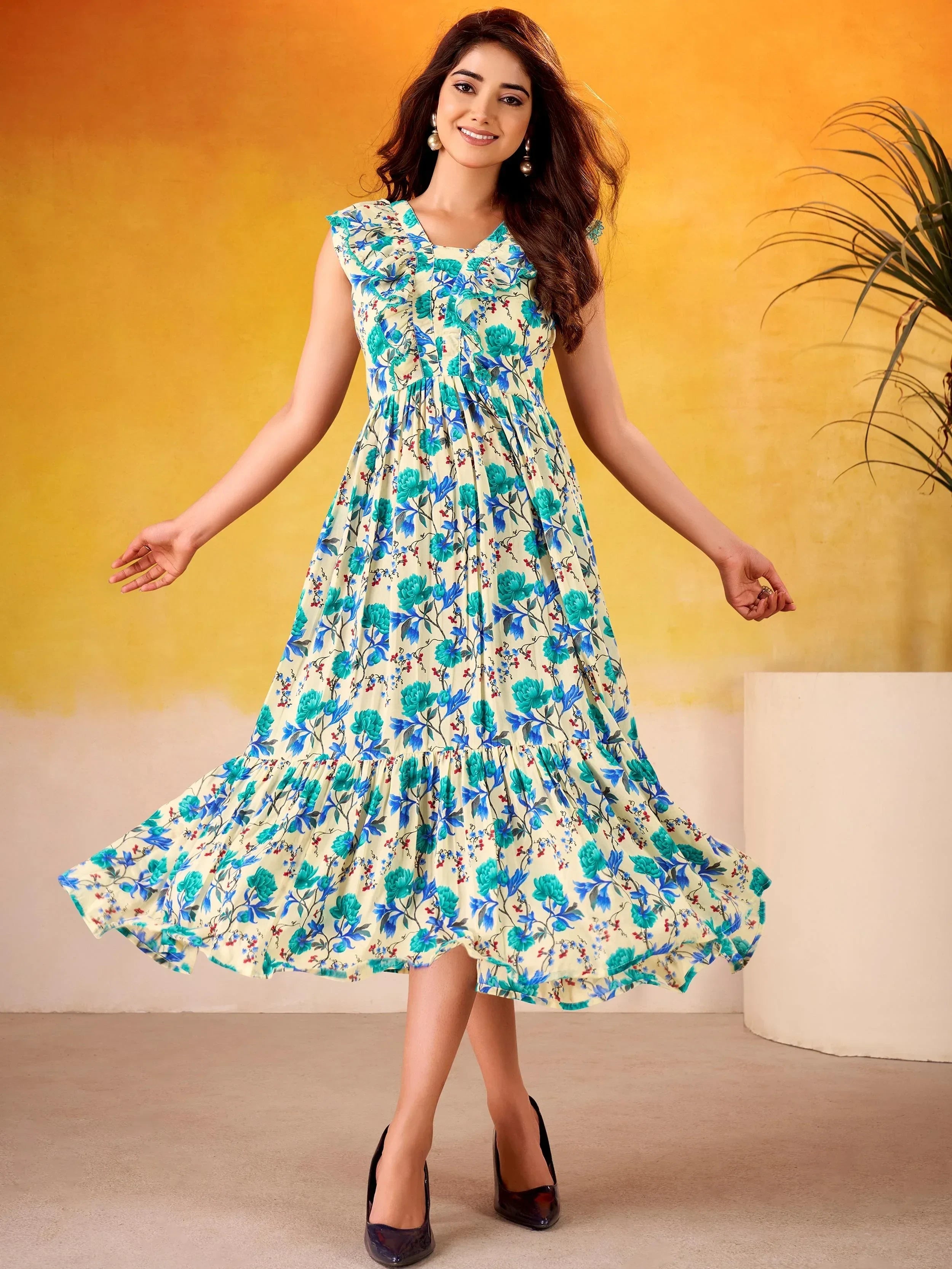 Blue Adorable Flower Printed Silk Casual Wear Dress