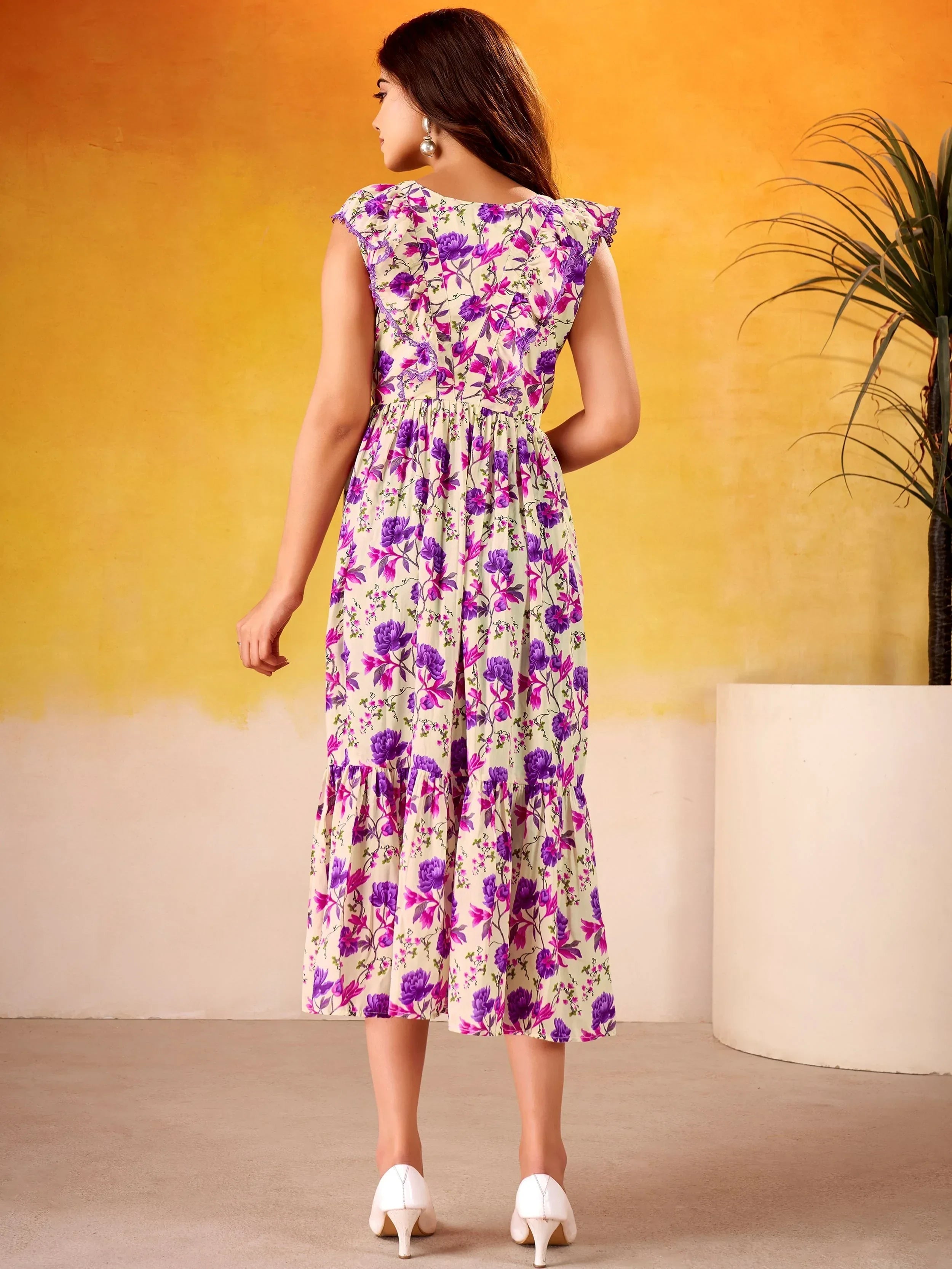 Purple Adorable Flower Printed Silk Casual Wear Dress