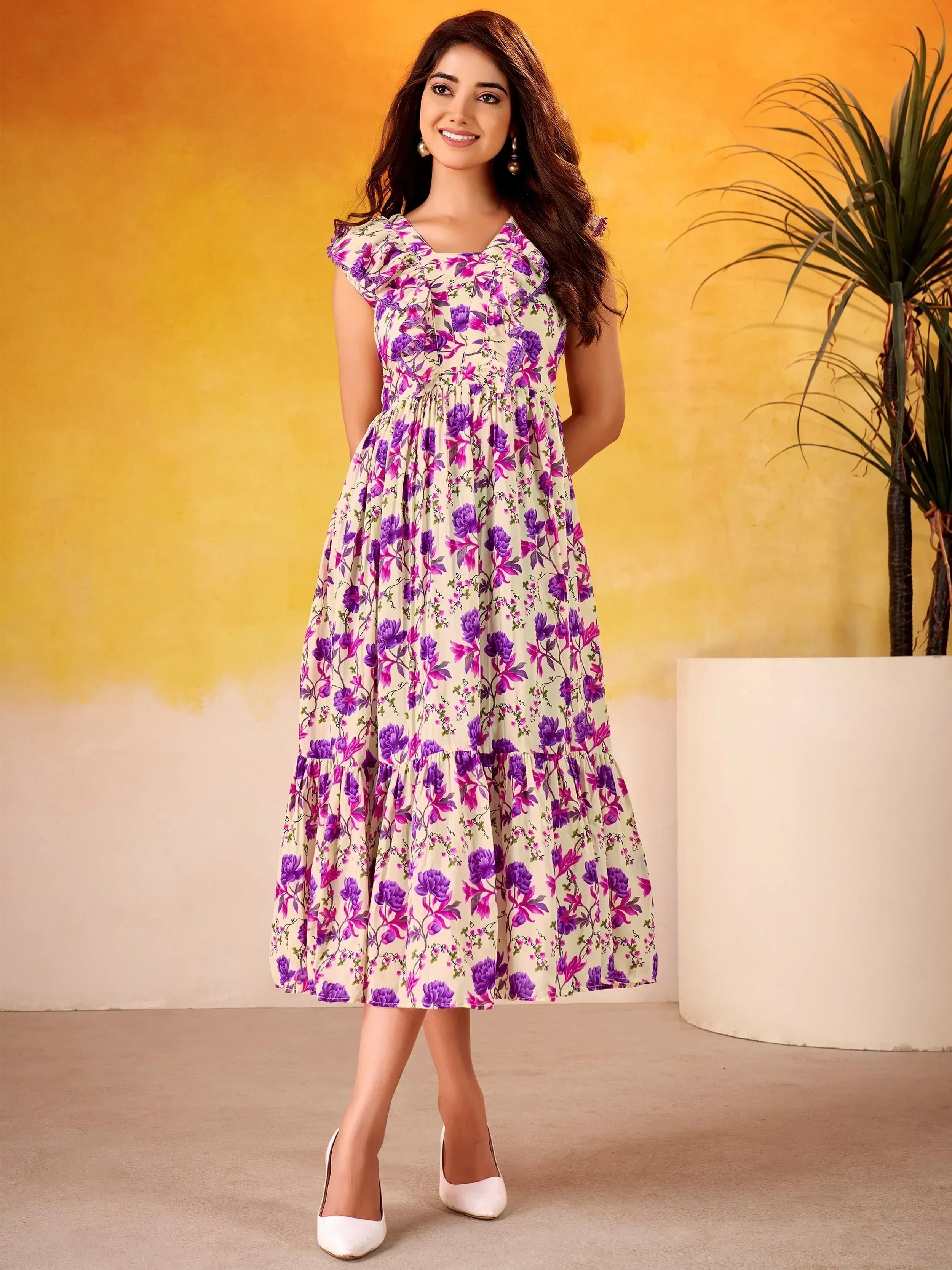 Purple Adorable Flower Printed Silk Casual Wear Dress
