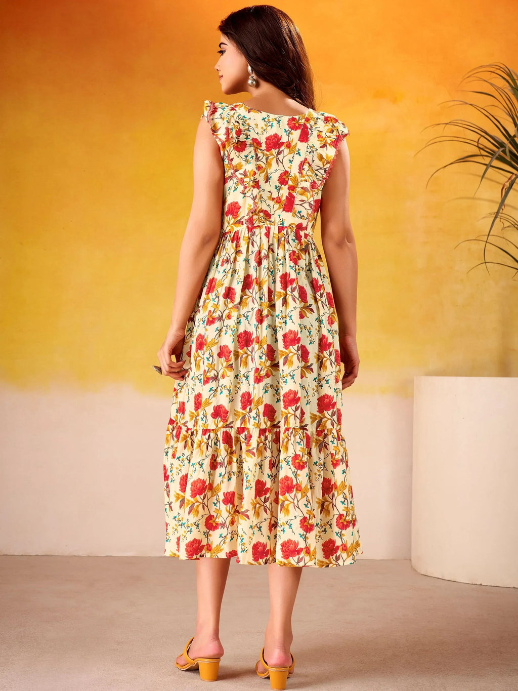 Red Adorable Flower Printed Silk Casual Wear Dress