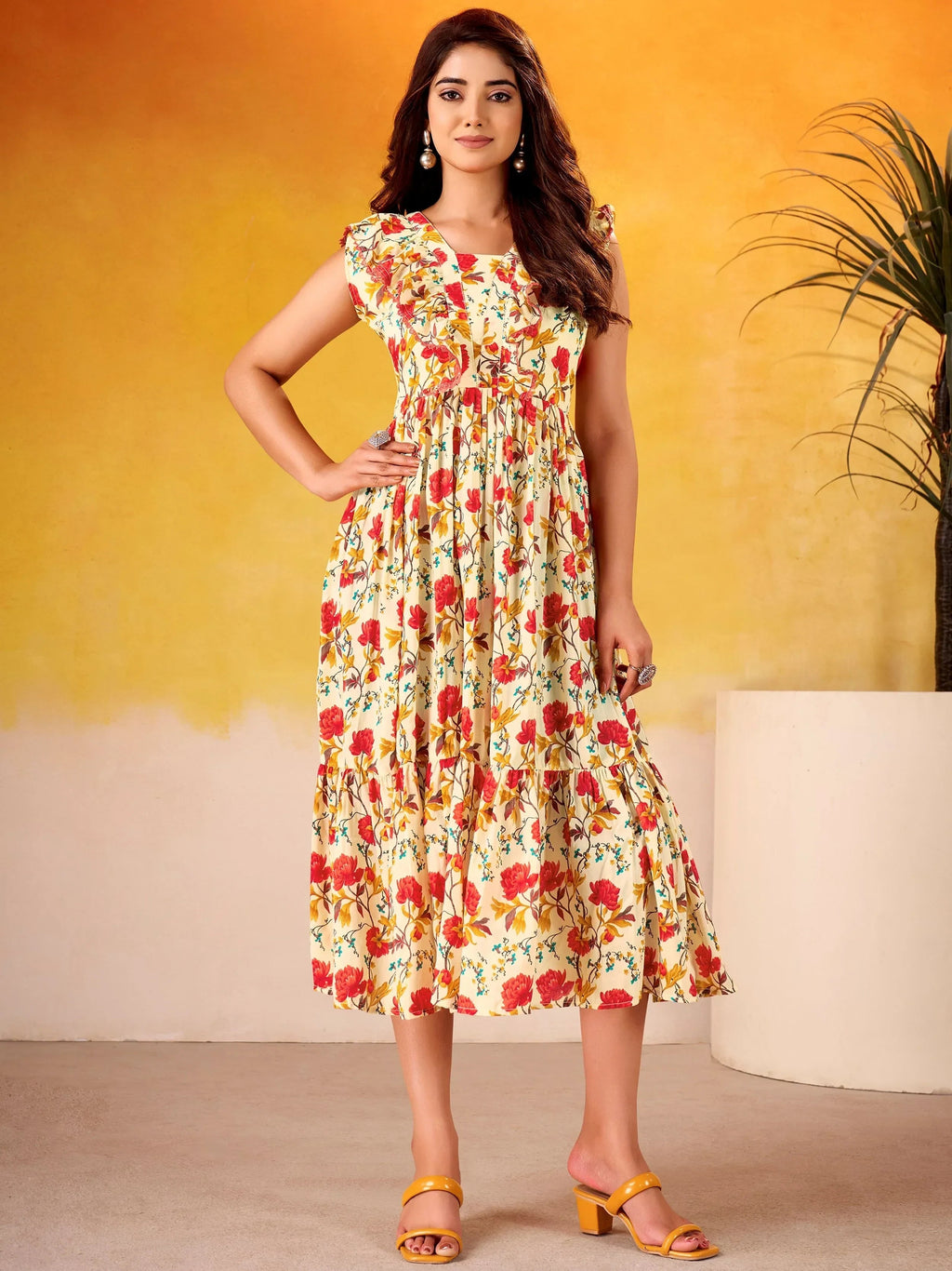Red Adorable Flower Printed Silk Casual Wear Dress