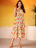 Red Adorable Flower Printed Silk Casual Wear Dress