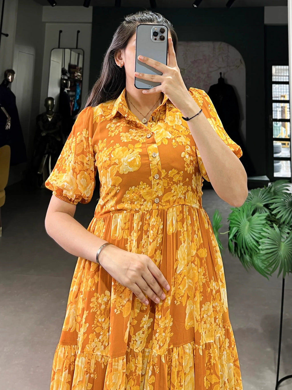Stylish Mustard Yellow Flower Printed Georgette Summer Wear Dress