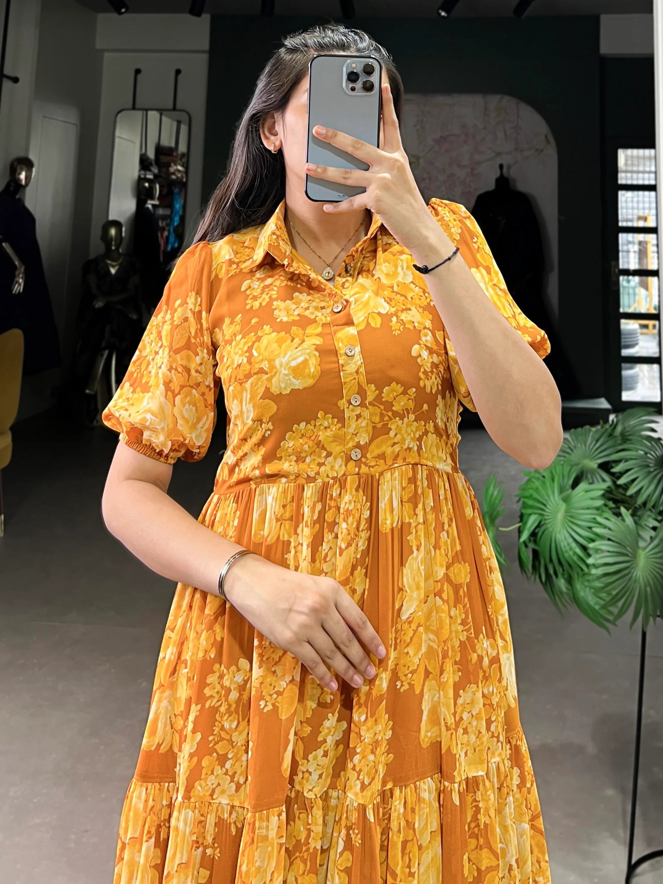 Stylish Mustard Yellow Flower Printed Georgette Summer Wear Dress