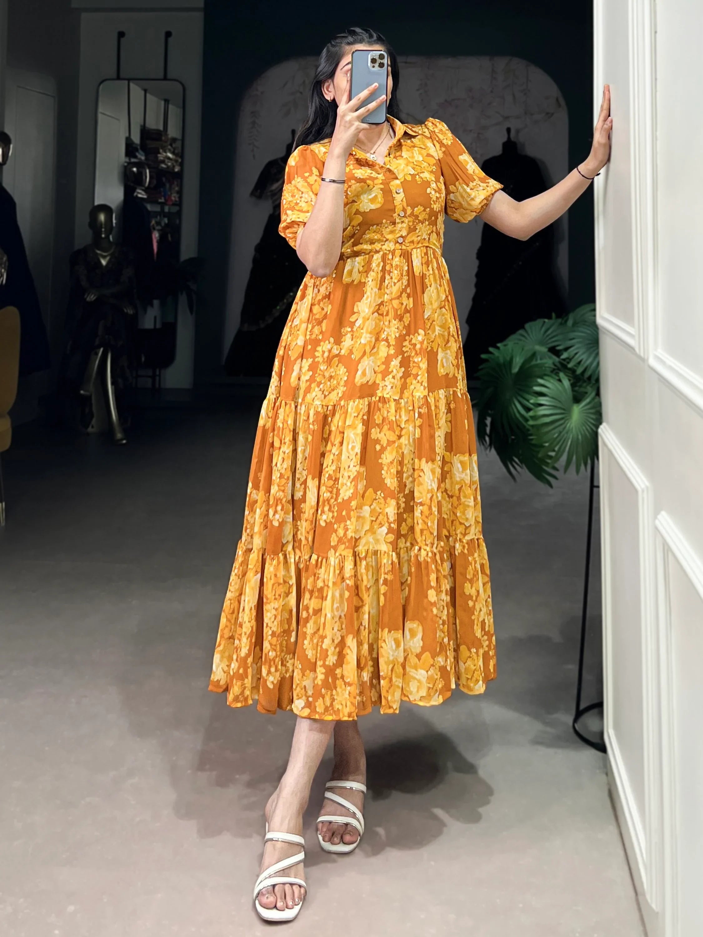 Stylish Mustard Yellow Flower Printed Georgette Summer Wear Dress